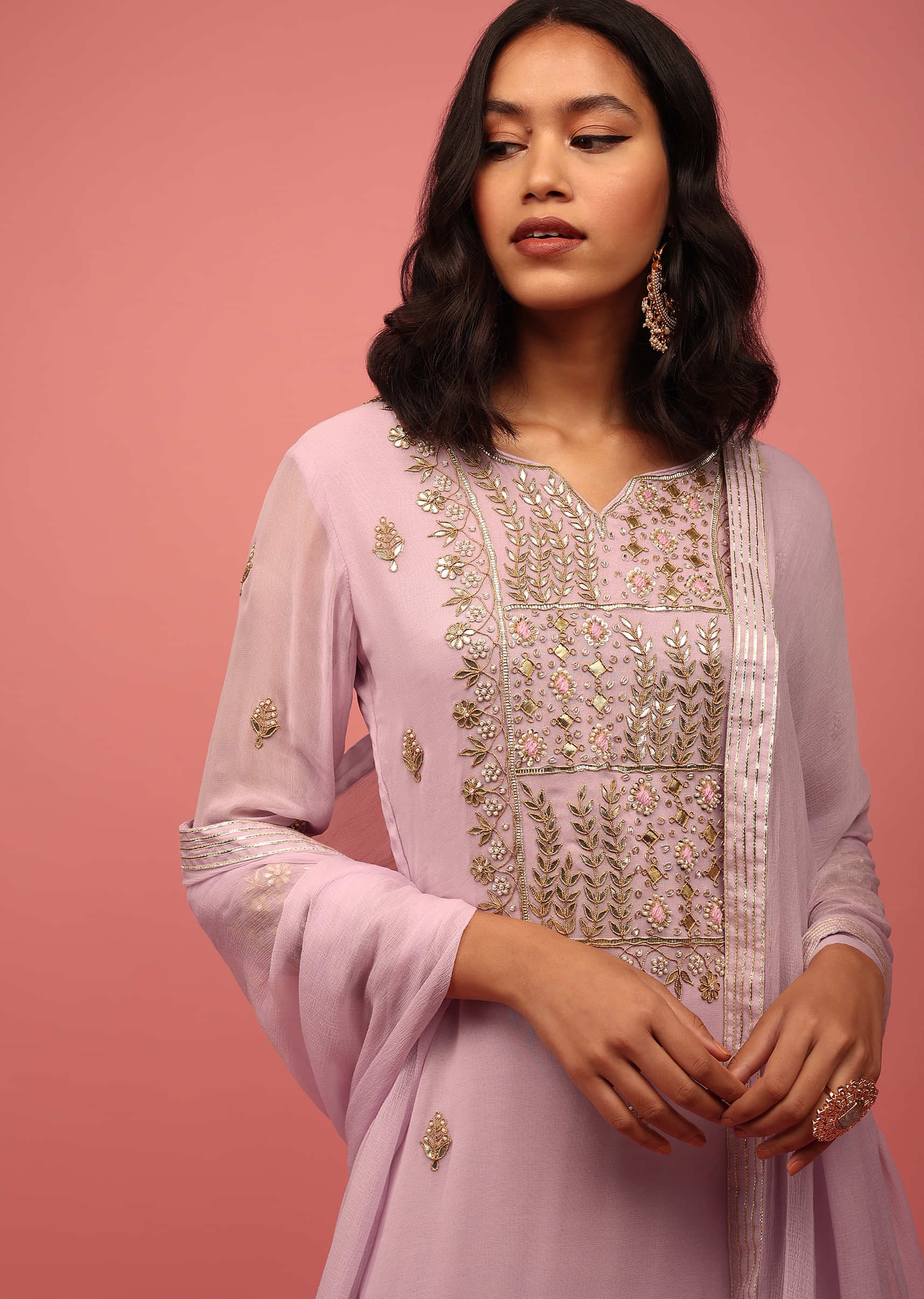 Lavender Purple Palazzo Suit Set Hand Embroidered In Georgette With Embroidery