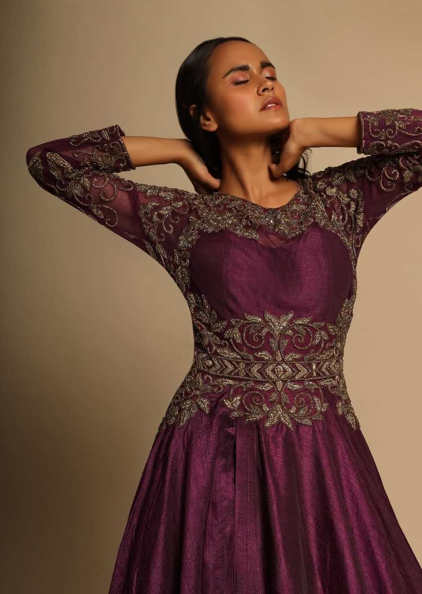 Purple raw silk and net gown with zari hand work only on Kalki