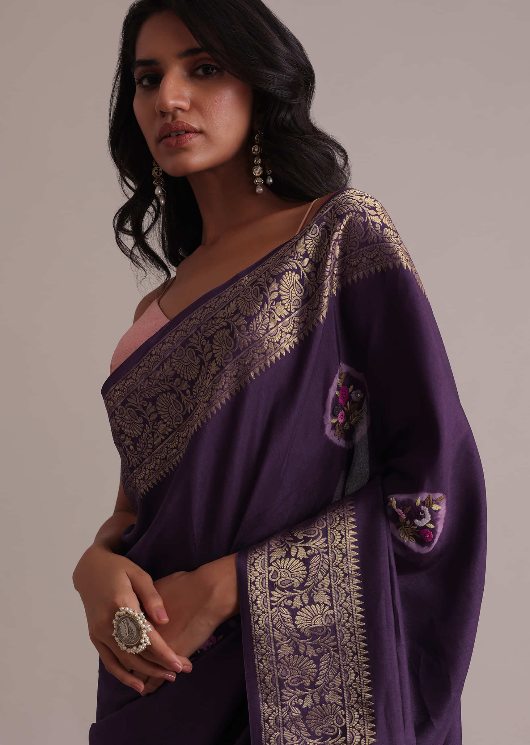 Buy Purple Resham 3D Bud Embroidered Saree With Brocade And Thread Work ...