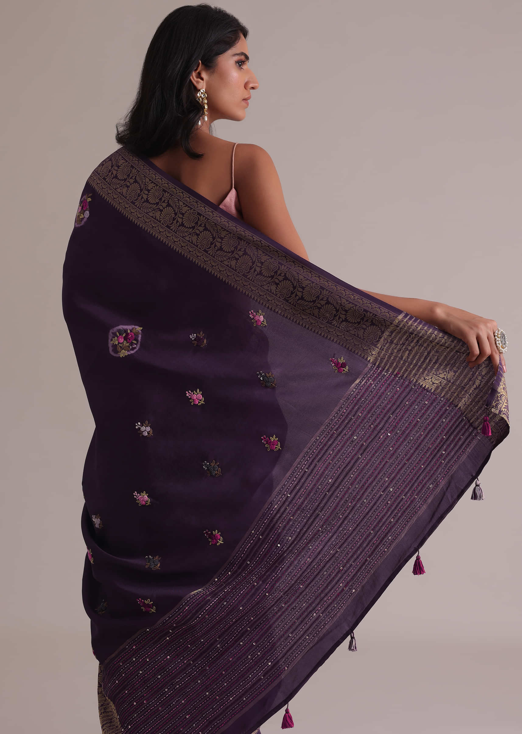 Buy Purple Resham 3D Bud Embroidered Saree With Brocade And Thread Work ...