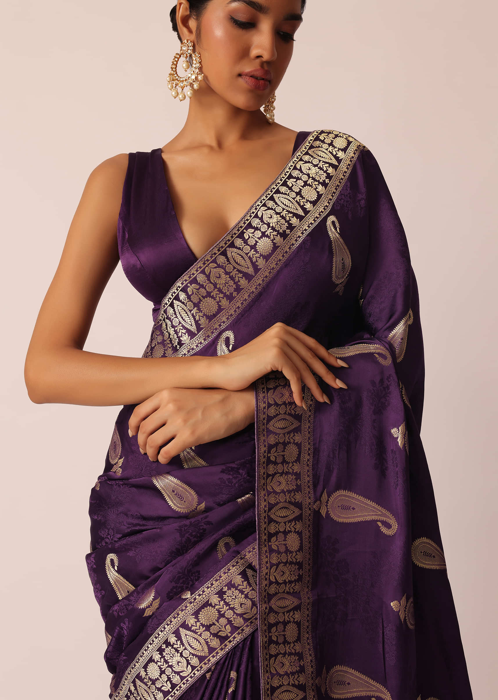 Buy Purple Saree With Zari Weave Butti Detail And Unstitched Blouse Piece  KALKI Fashion India