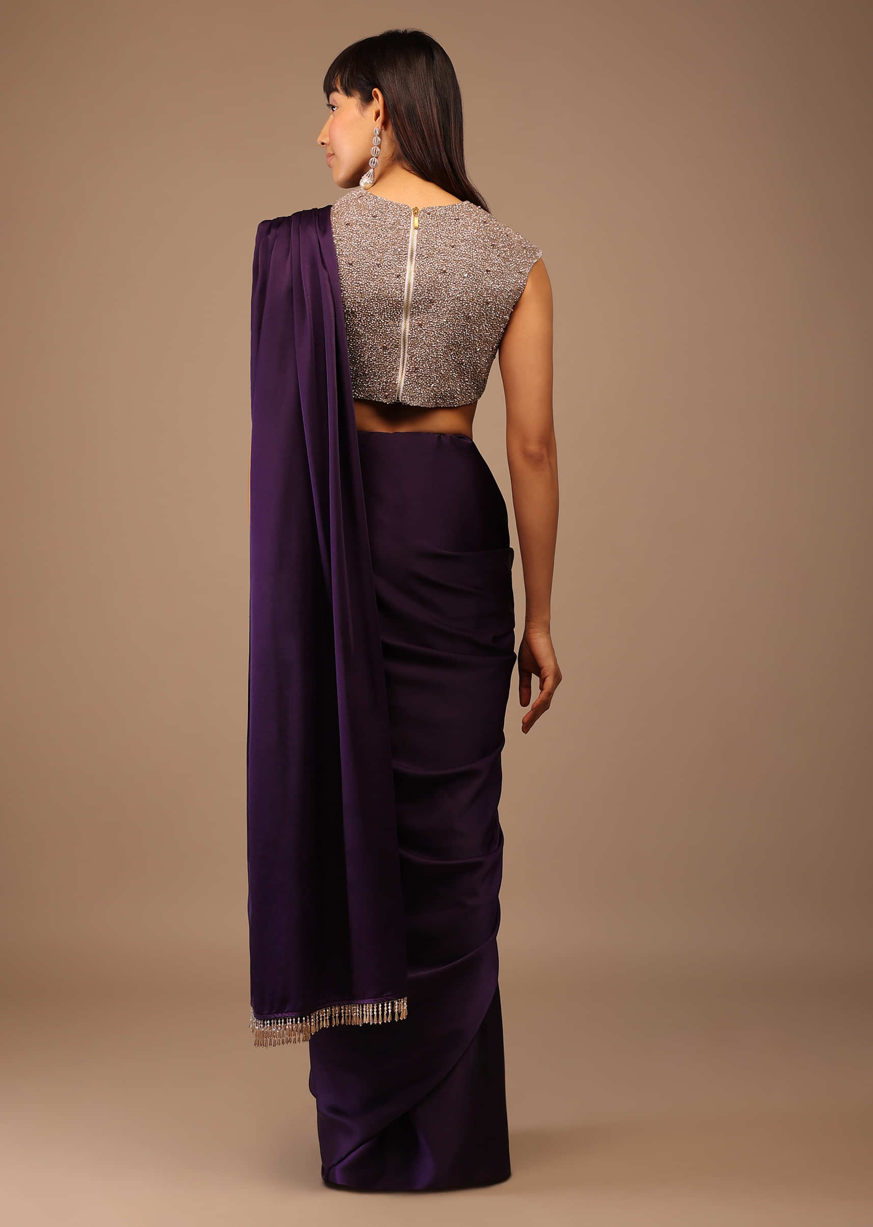 Purple Satin Saree With V Neck Hand Embroidered Crop Top