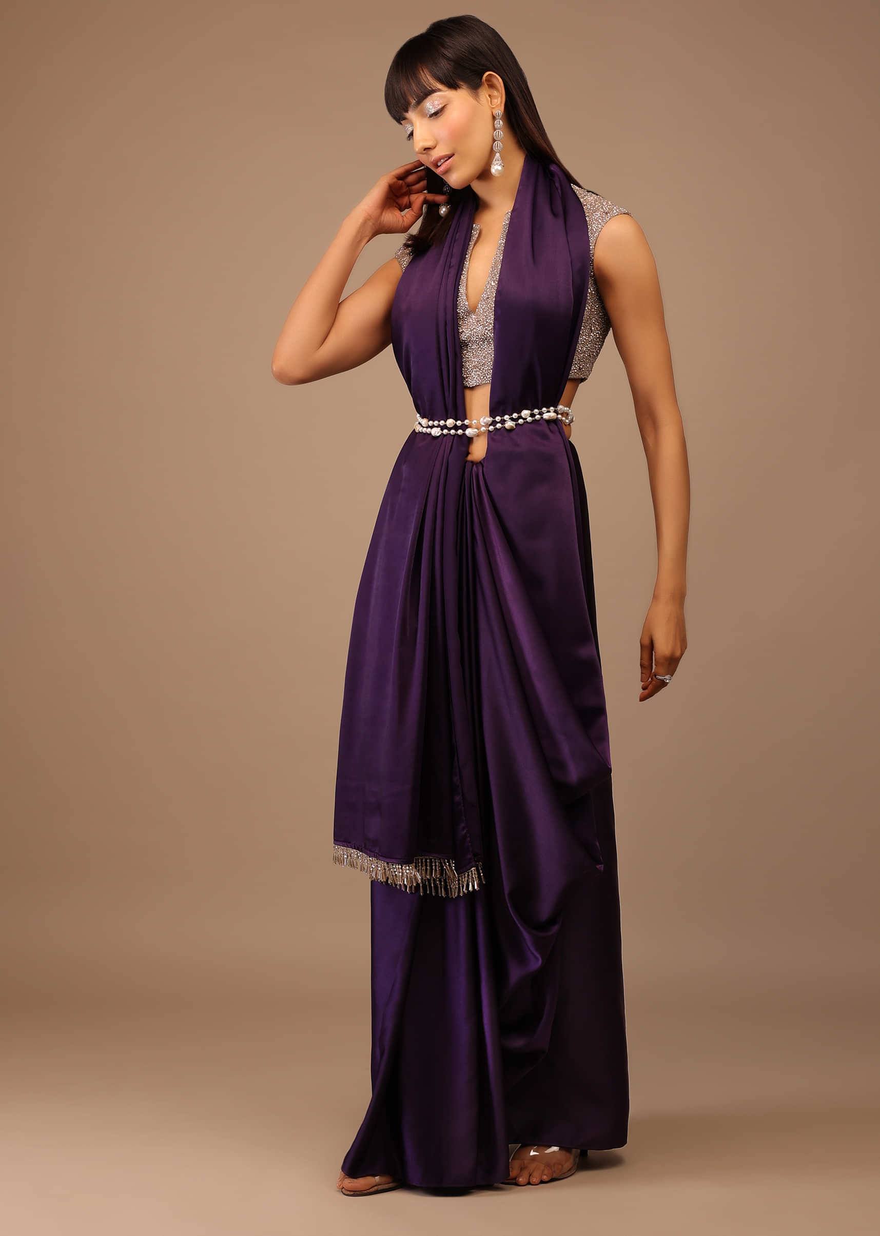 Purple Satin Saree With V Neck Hand Embroidered Crop Top