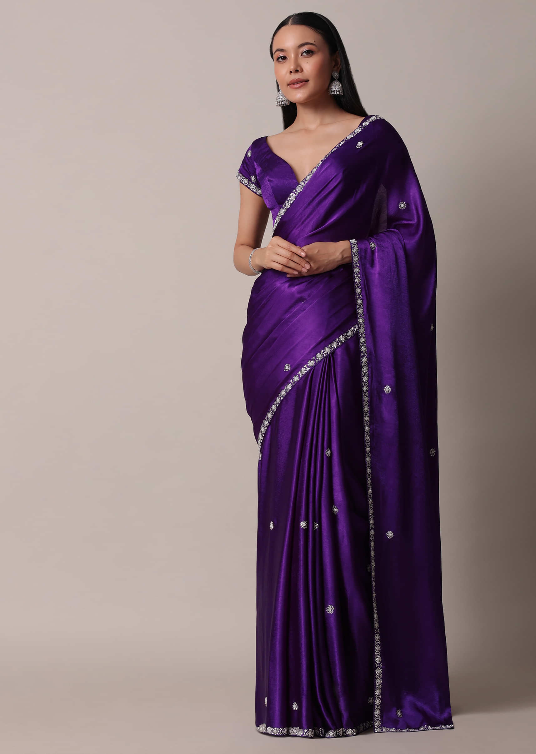Buy Purple Satin Chinon Saree With Stone Embellishments And Unstitched ...