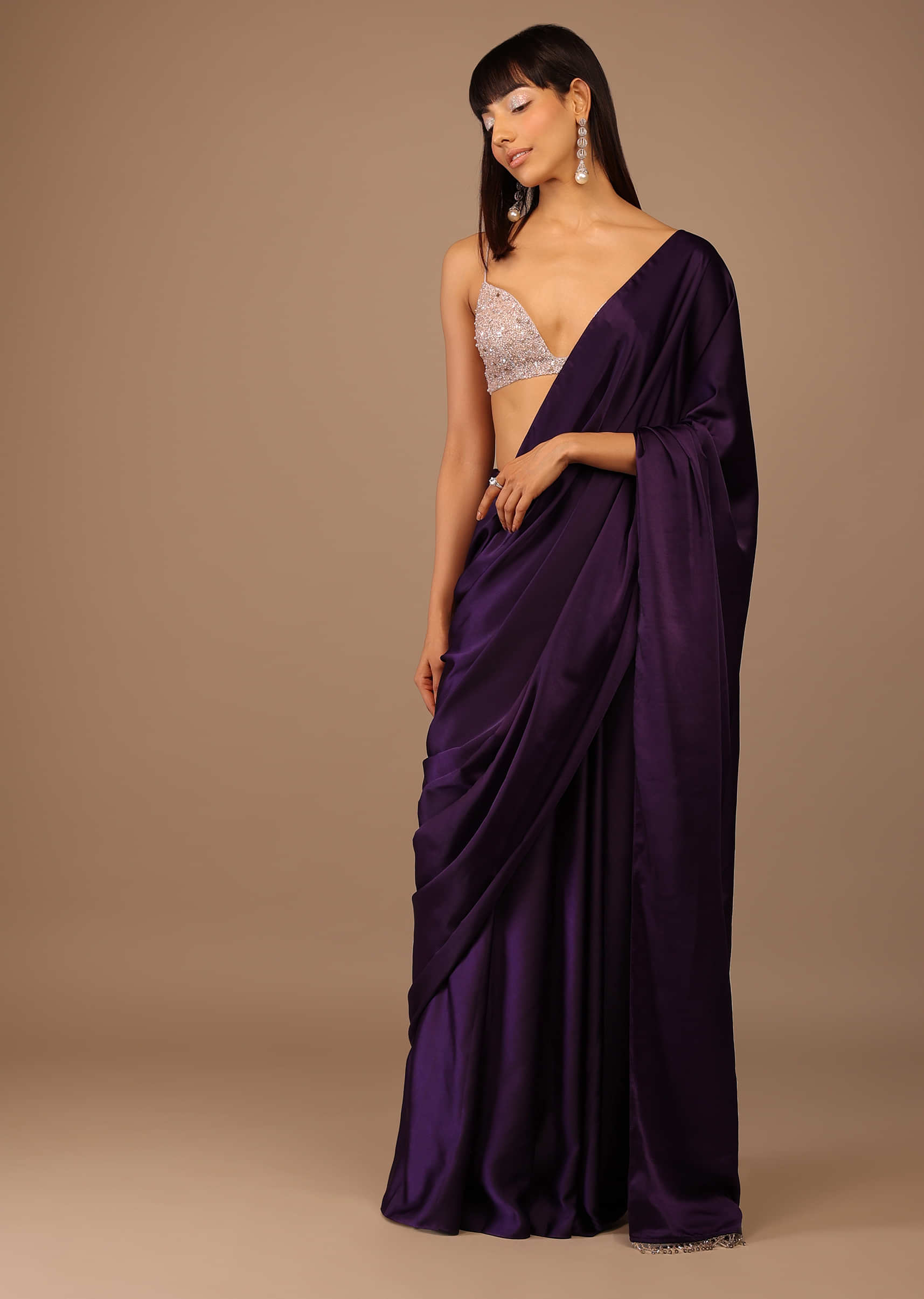 Purple Satin Saree With Hand Embroidered Bustier With A Plunging Neck Line