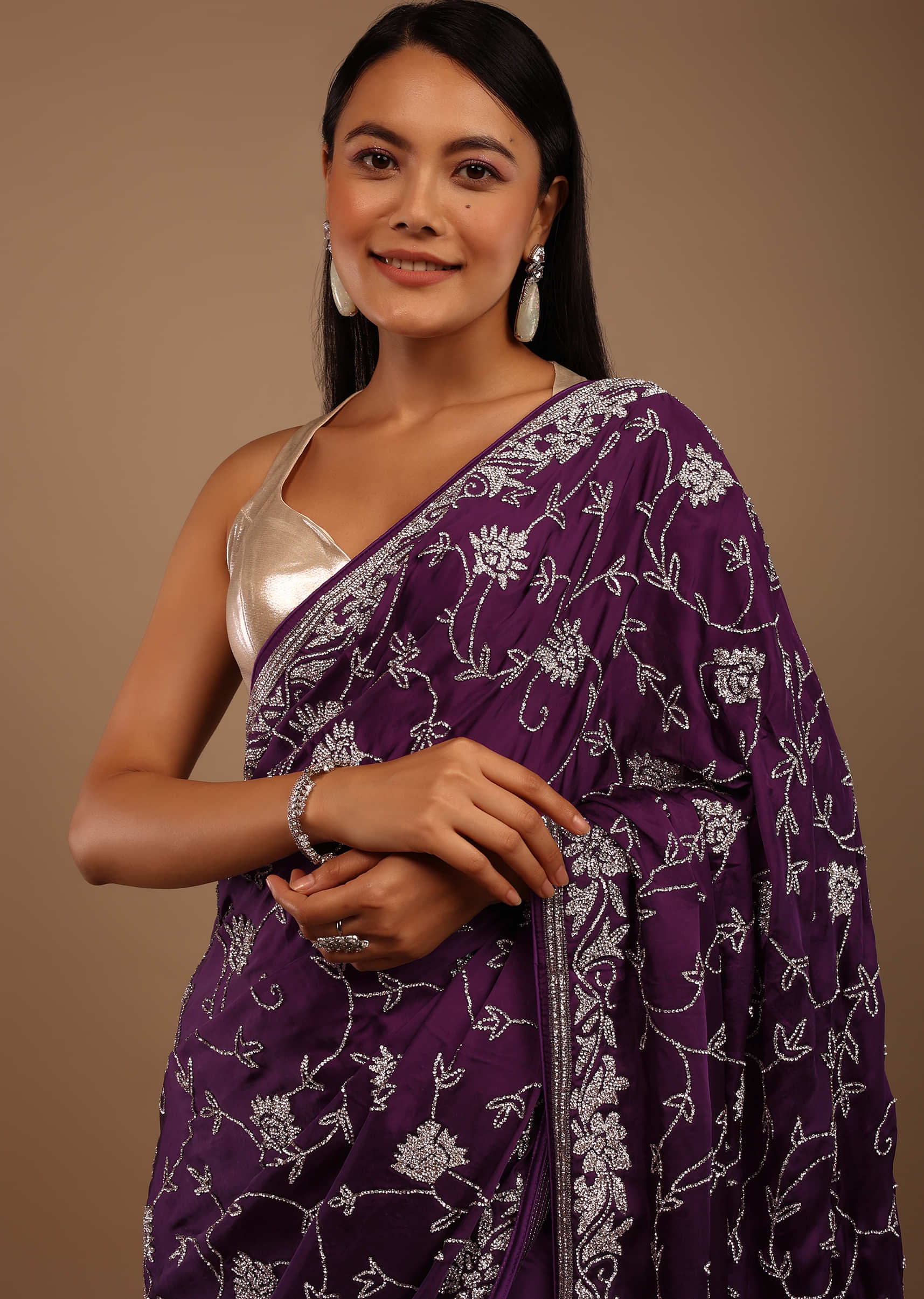 Purple Satin Saree WIth Stone Jaal Work In A Floral Pattern