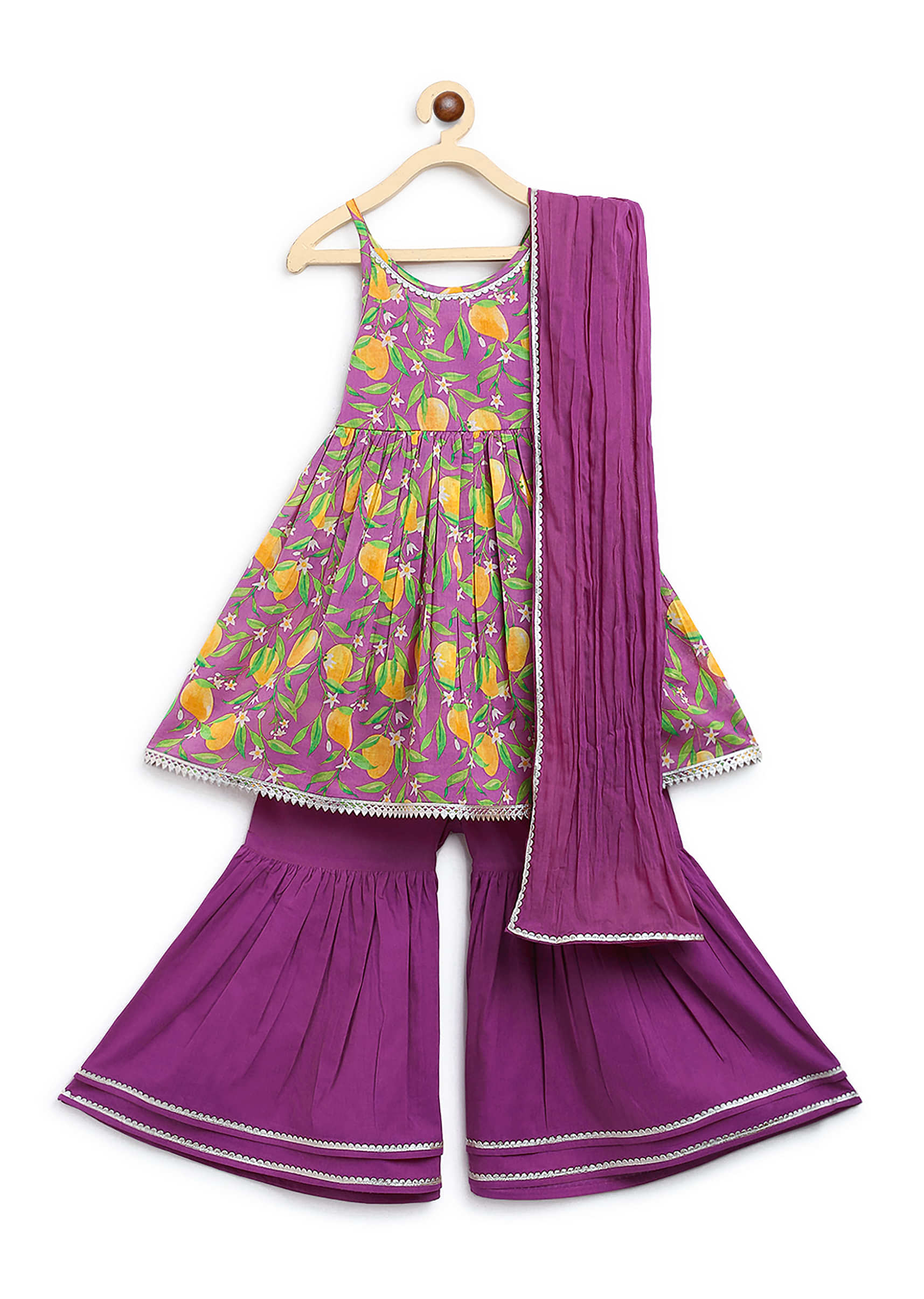 Kalki Girls Purple Sharara Suit In Cotton With A Flared Mango Printed Kurti By Tiber Taber
