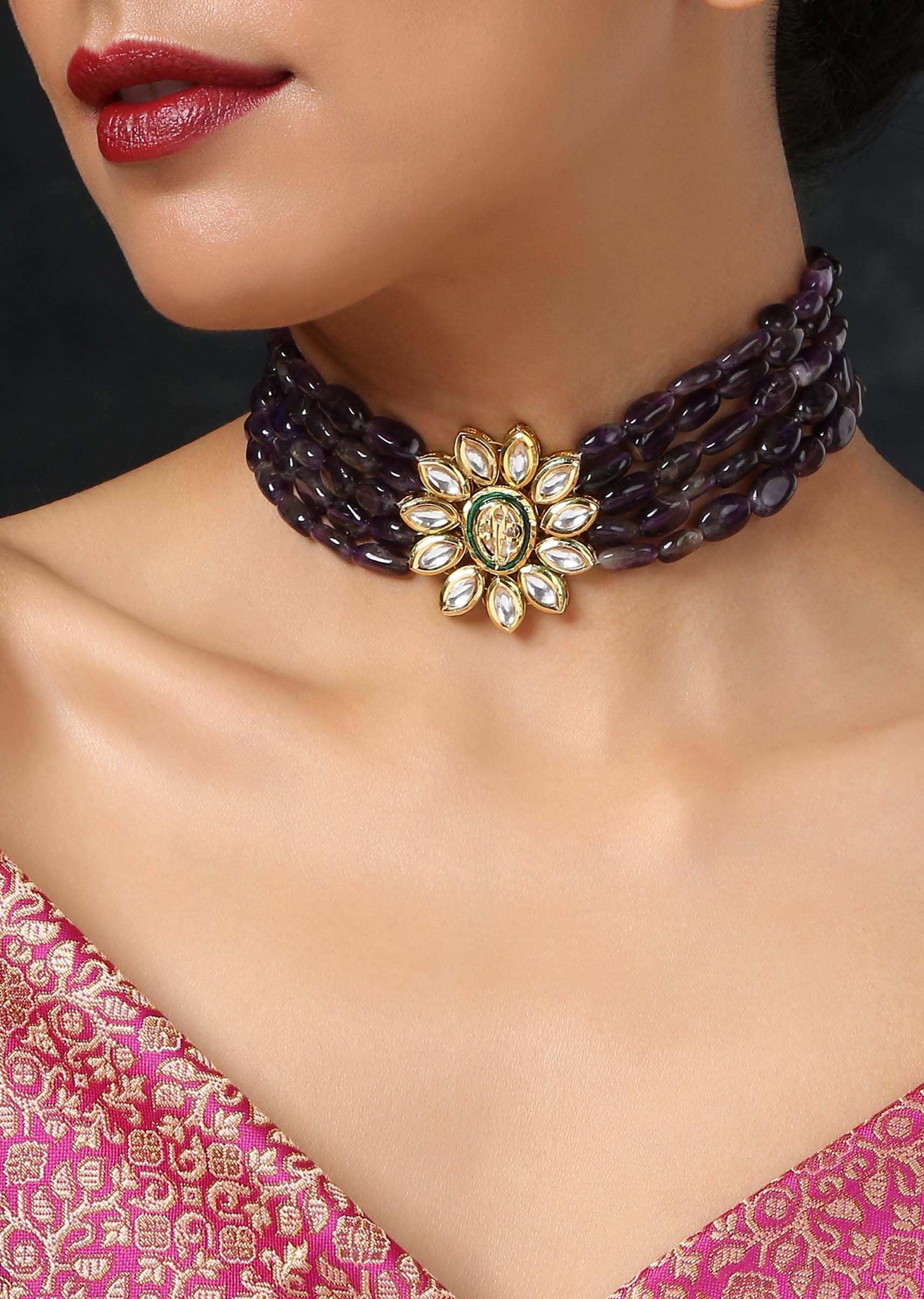 Purple Stone Necklace With A Kundan Floral Design In The Centre