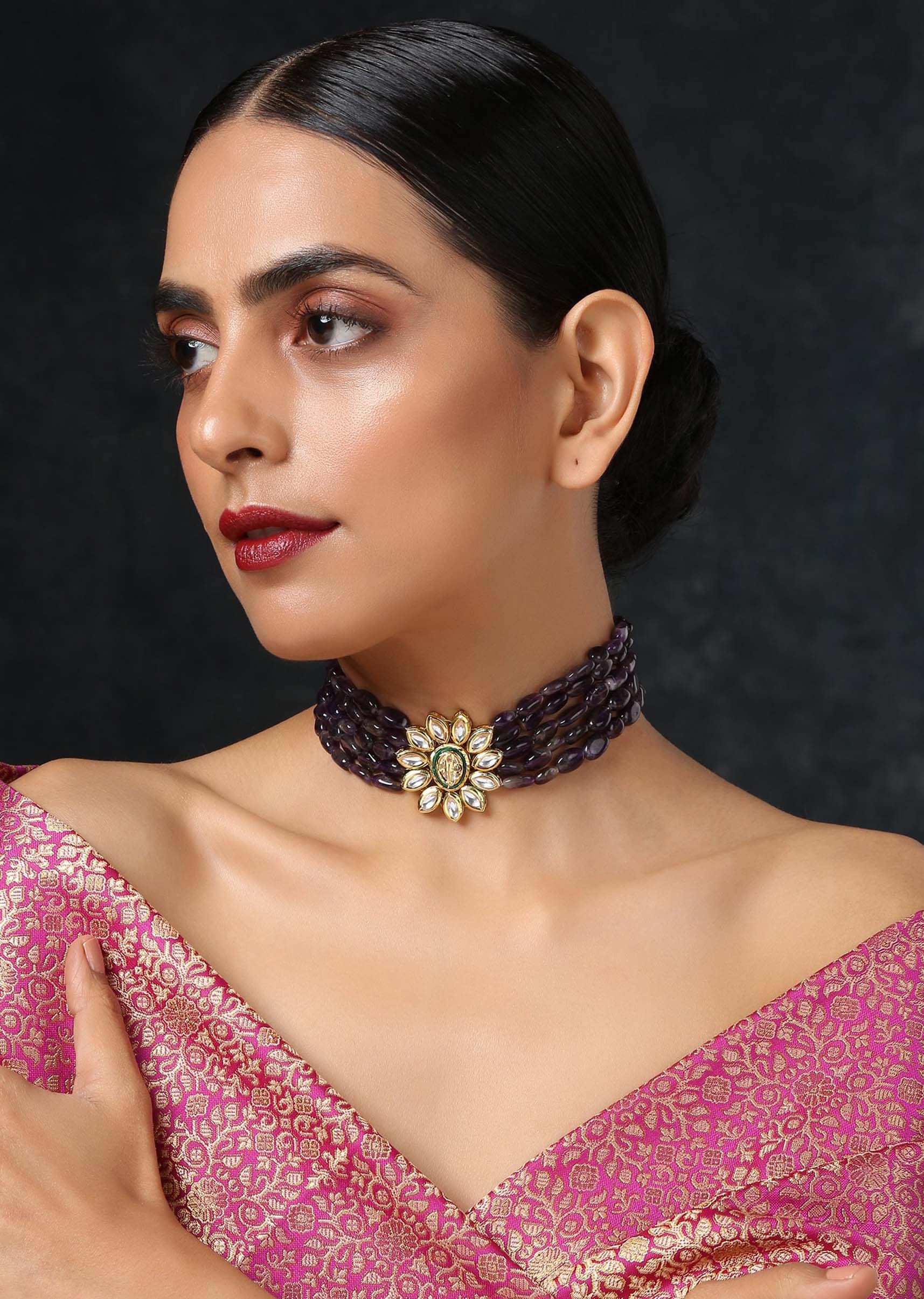 Purple Stone Necklace With A Kundan Floral Design In The Centre