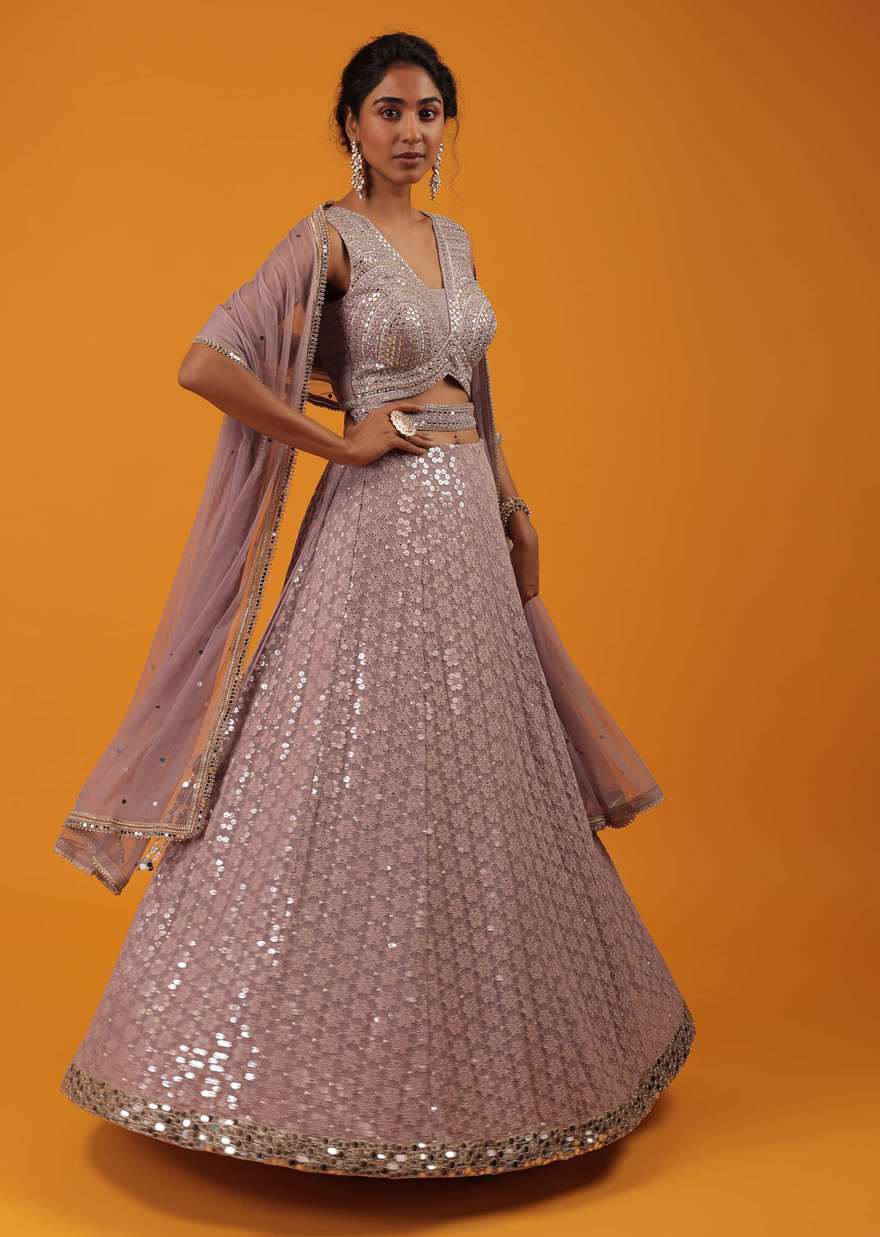 Quail Purple Lehenga With Crop Top Beautified In Lucknowi And Sequins Floral Work