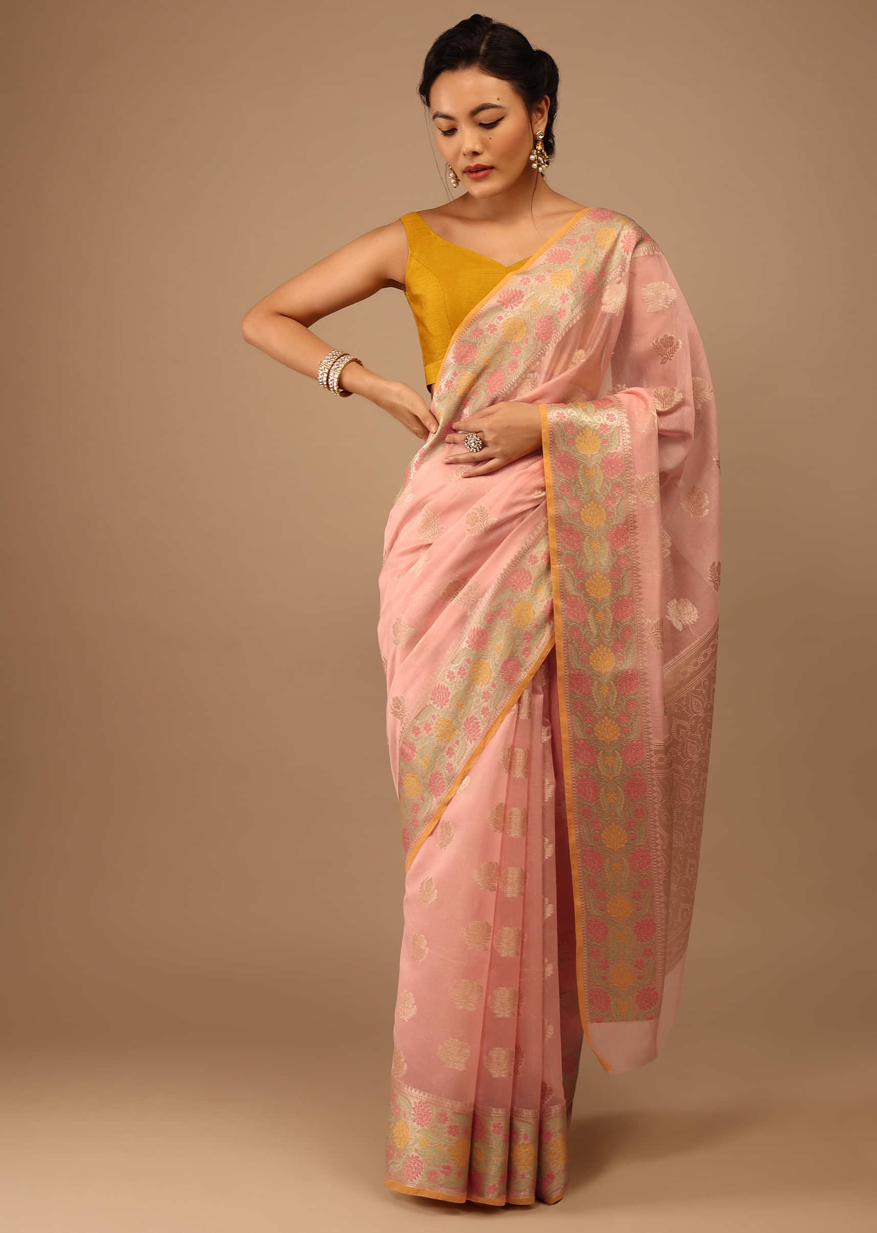 Quartz Pink Saree In Banarsi Chanderi And Pure Handloom Cotton