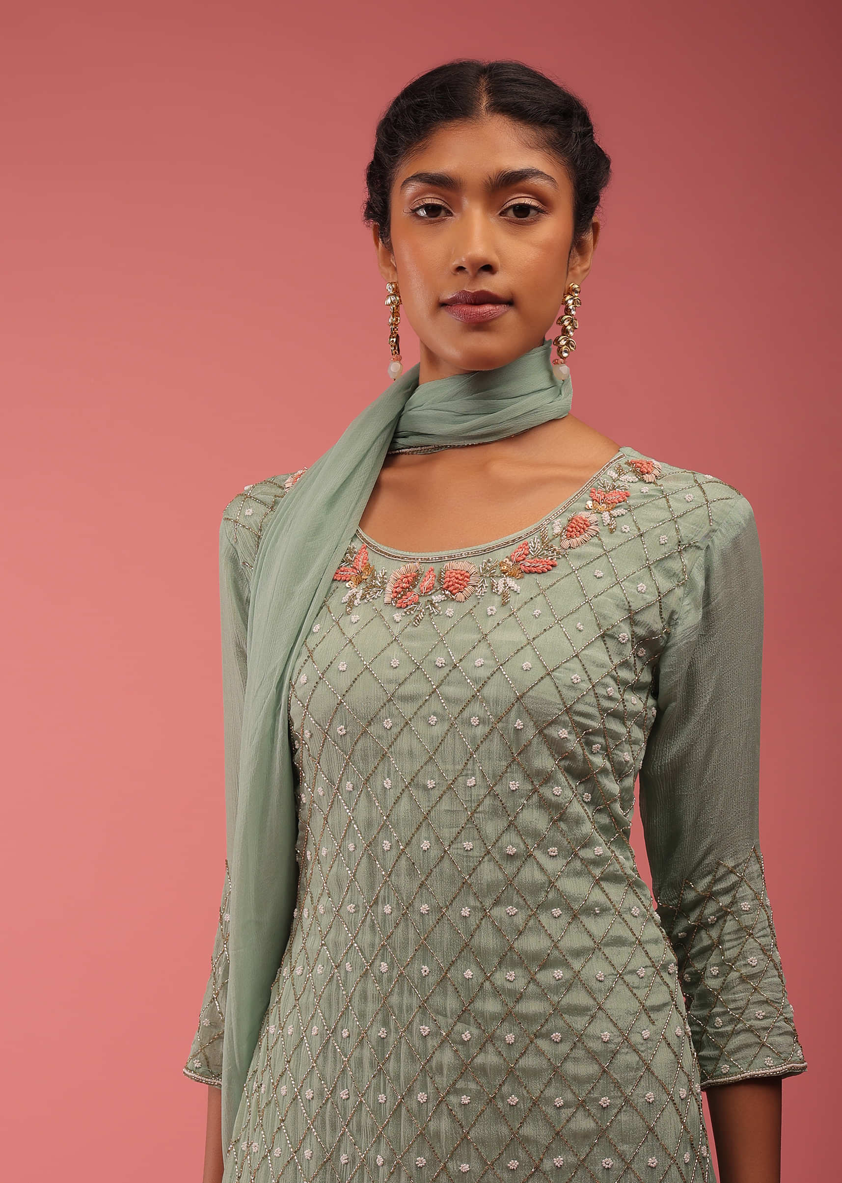 Quiet Green Sharara Suit In Cut Dana And Moti Embroidery, Crafted In Satin With Pink French Knots Embroidery On The Border