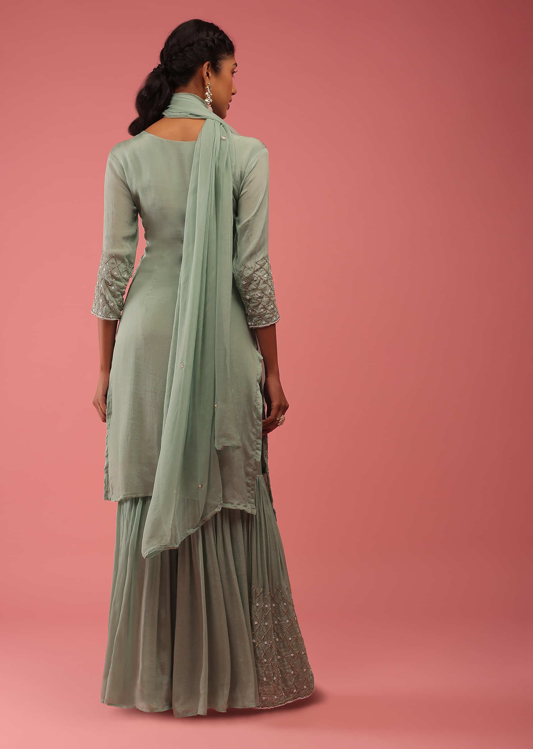 Quiet Green Sharara Suit In Cut Dana And Moti Embroidery, Crafted In Satin With Pink French Knots Embroidery On The Border