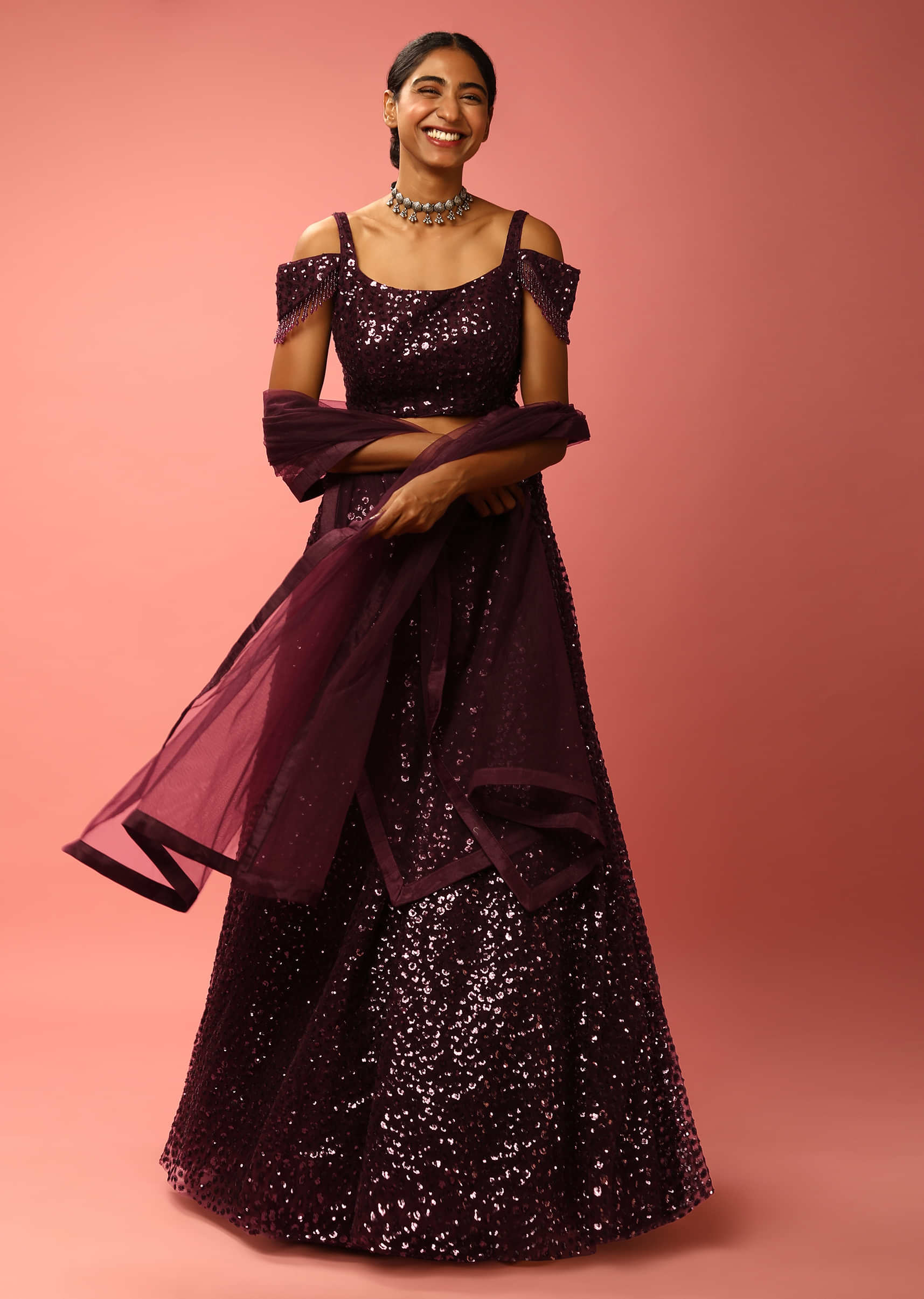 Raisin Purple Lehenga Choli In Net With Sequins Embroidered Buttis And Cold Shoulder Sleeves 