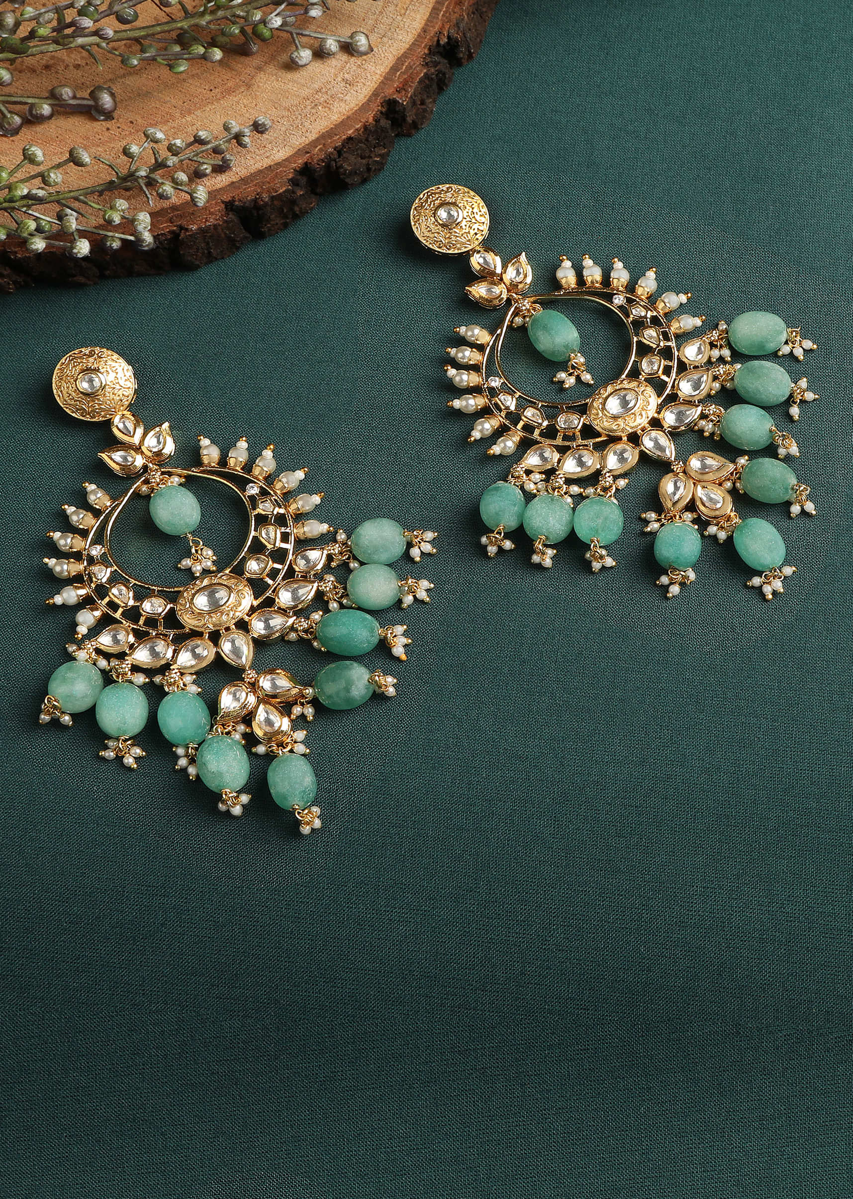 Rajwadi Chandbali Earrings With Green Synthetic Drops And Kundan Work By Tizora