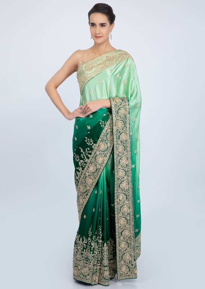 Rama Green And Pista Green Shaded Saree In Satin With Floral Embroidered Butti And Border Online - Kalki Fashion