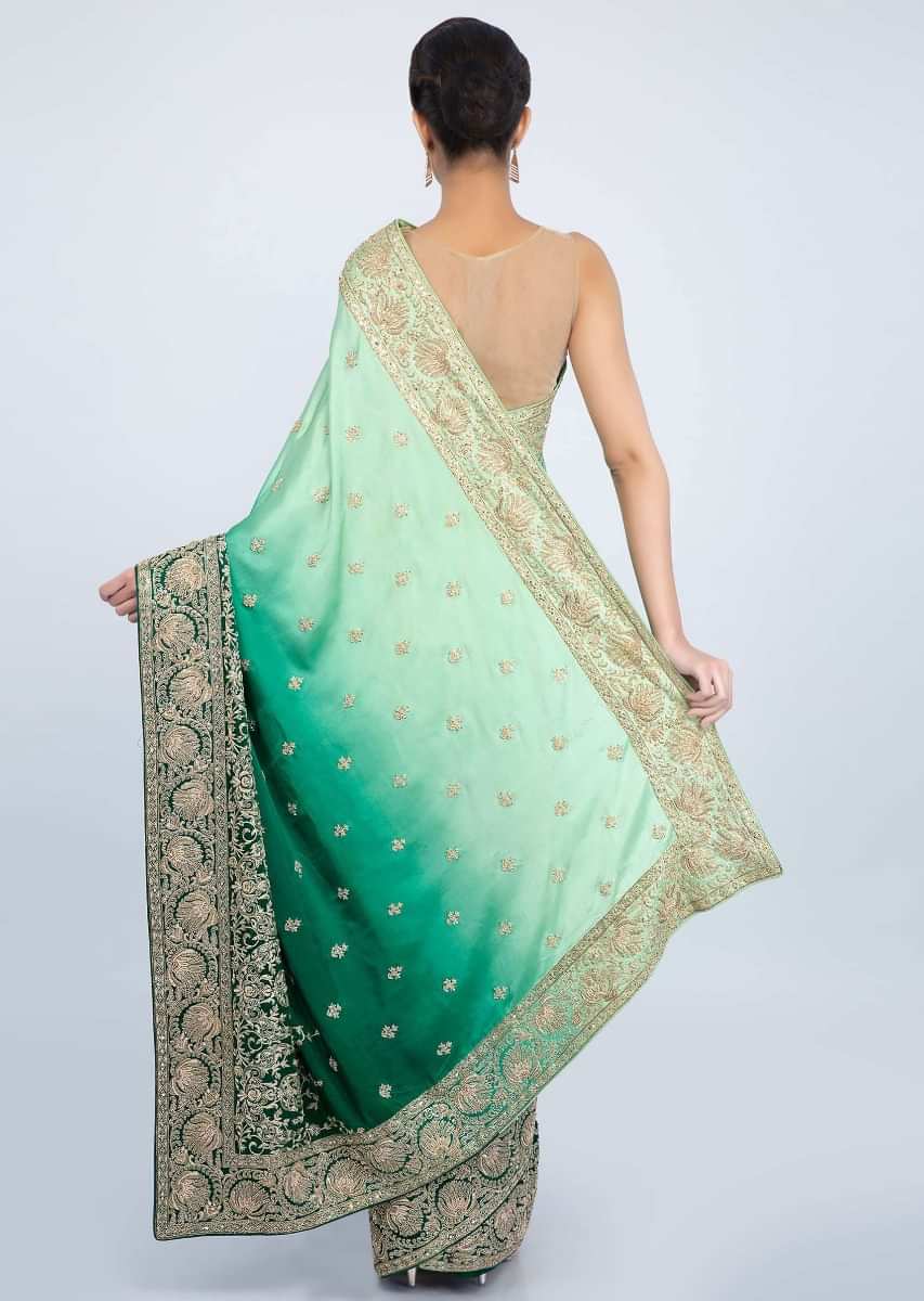 Rama Green And Pista Green Shaded Saree In Satin With Floral Embroidered Butti And Border Online - Kalki Fashion