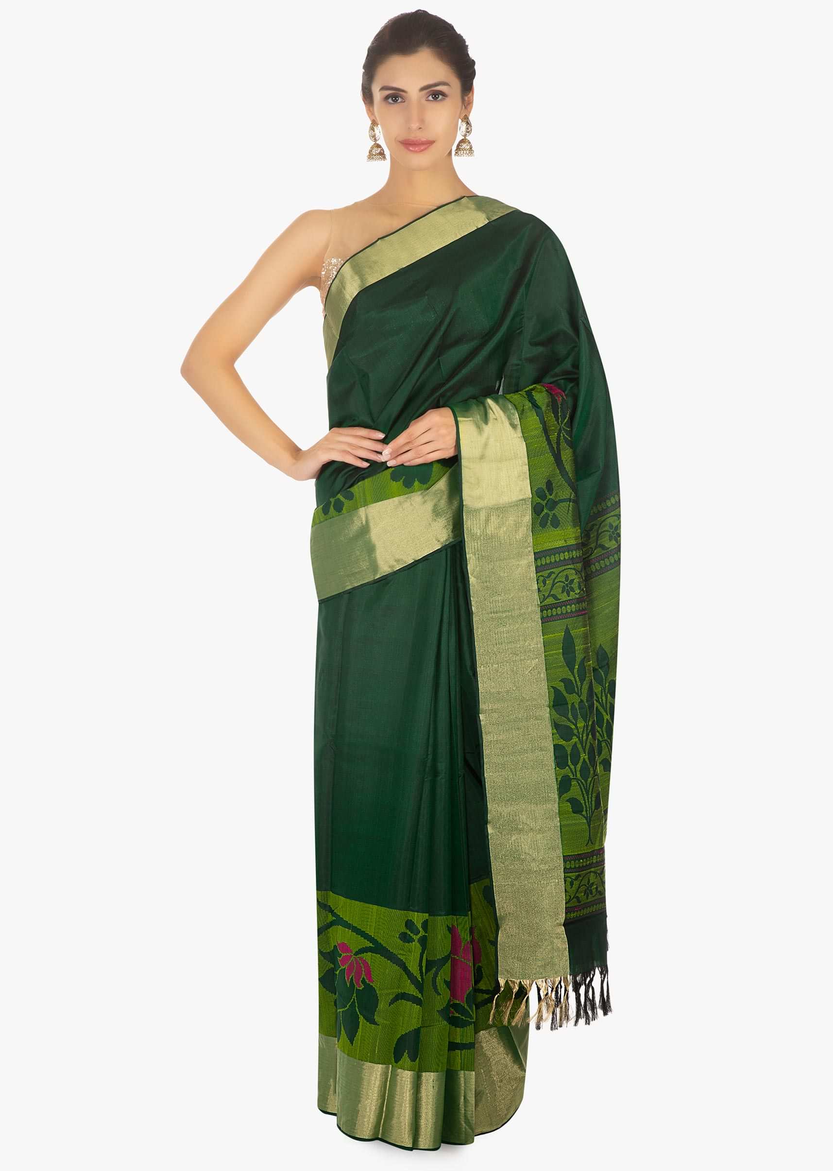 Rama green chanderi silk saree in floral weaved work