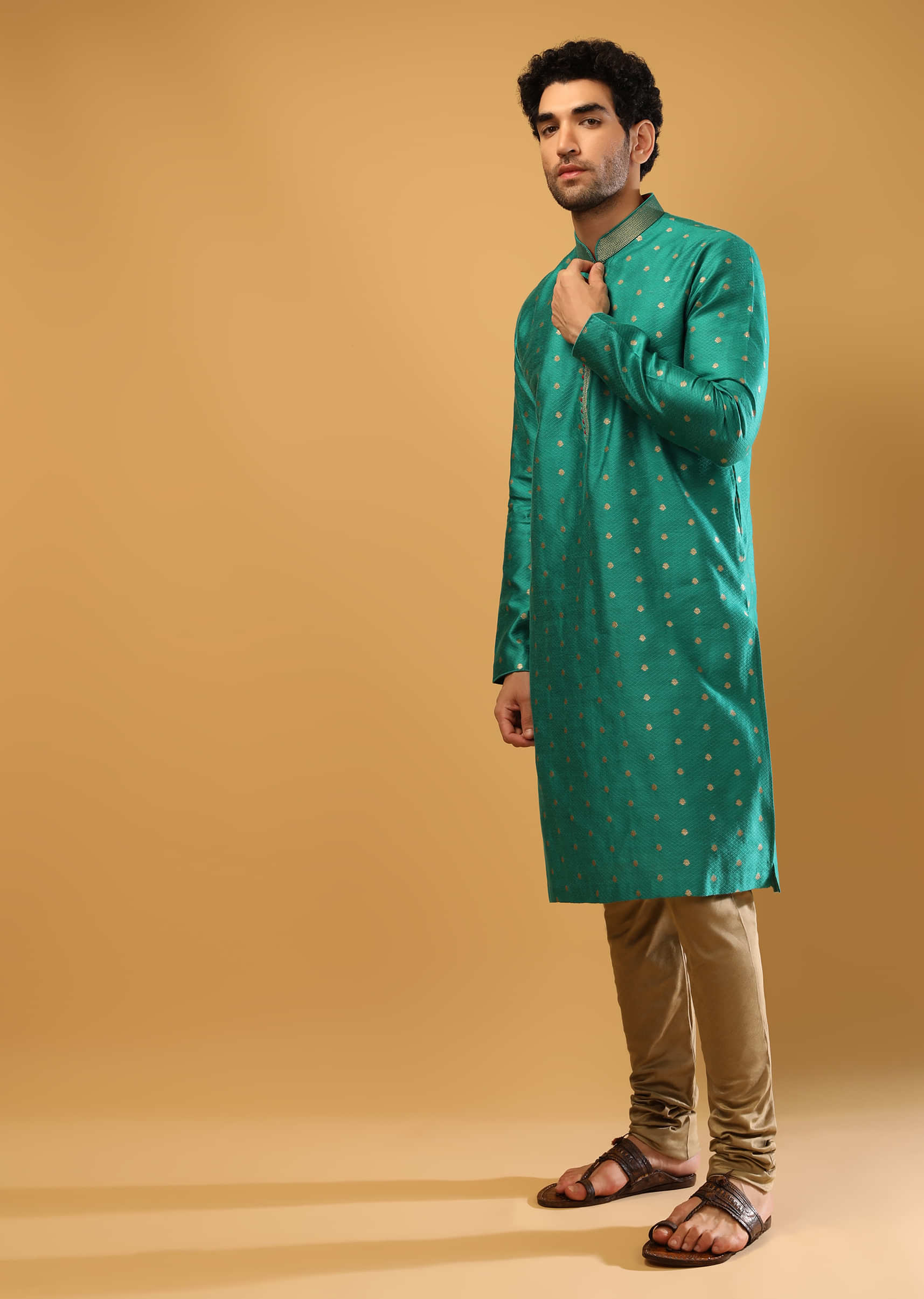 Rama Green Kurta Set In Silk With Self Mesh Design And Golden Woven Buttis  