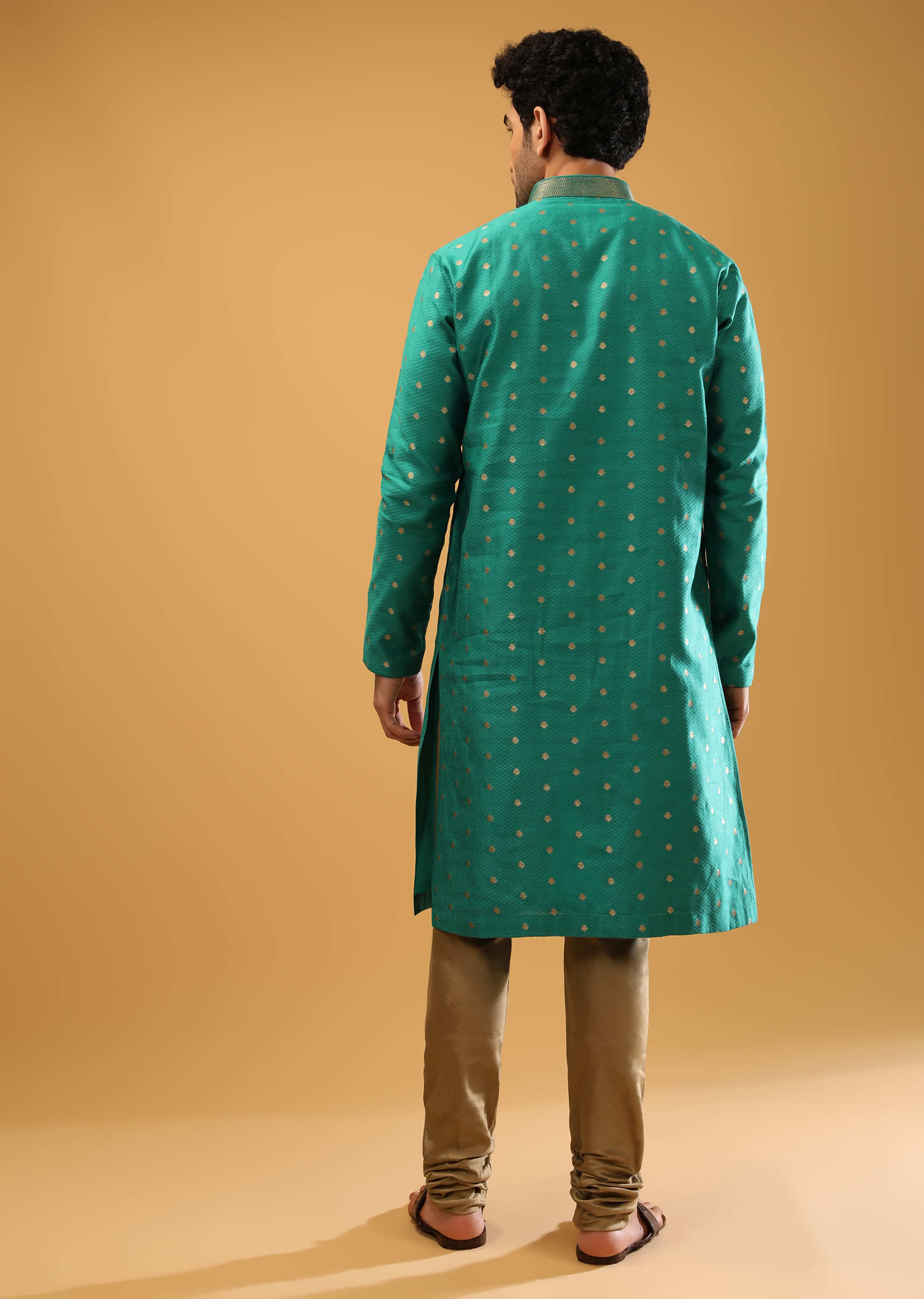 Rama Green Kurta Set In Silk With Self Mesh Design And Golden Woven Buttis  