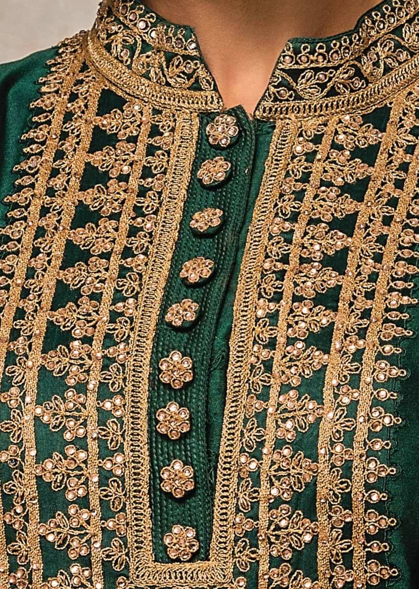 Rama green lehenga set featuring with kundan and cod embroidery