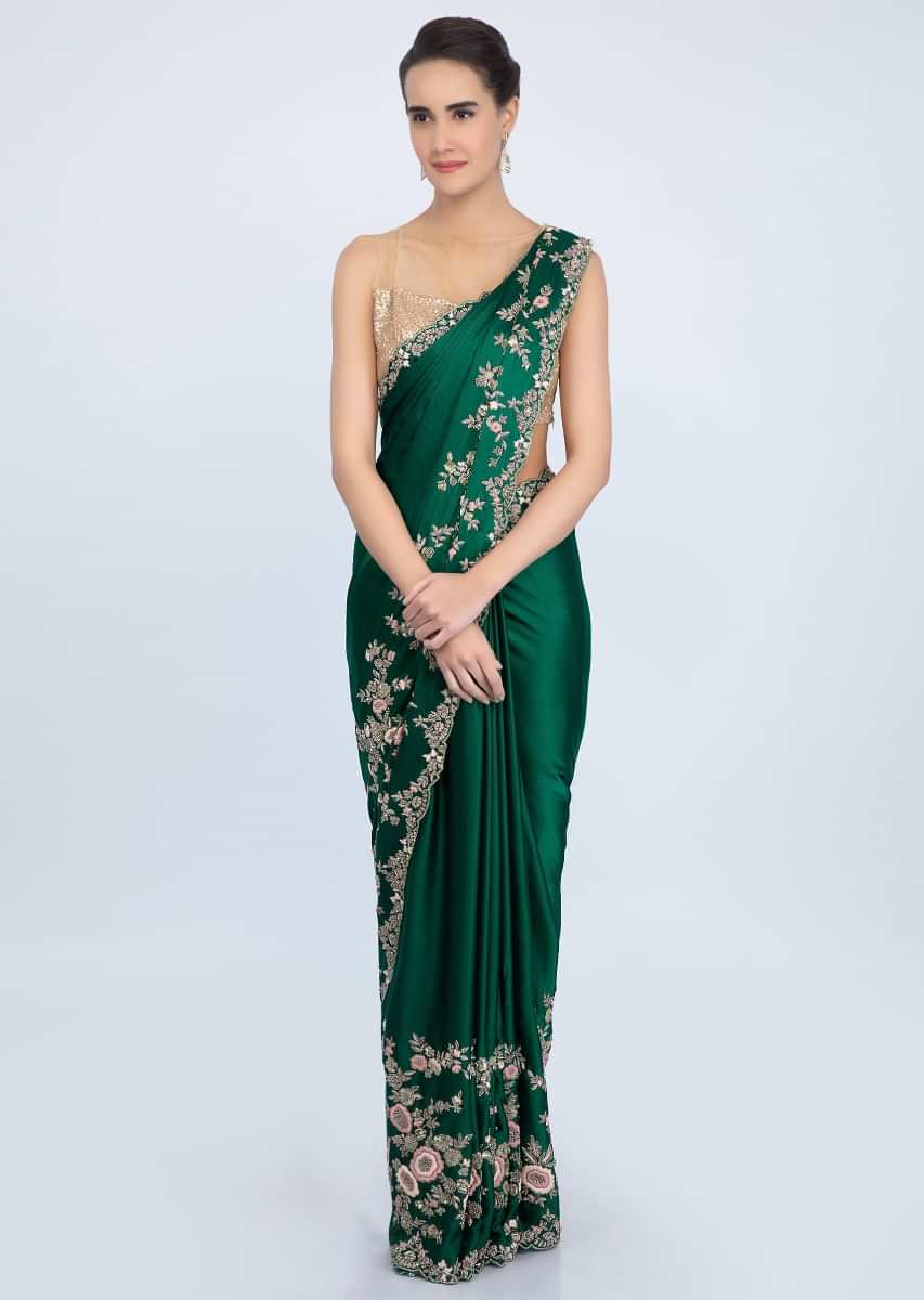Rama Green Saree In Satin With Multi Color Floral Embroidered Border Online - Kalki Fashion