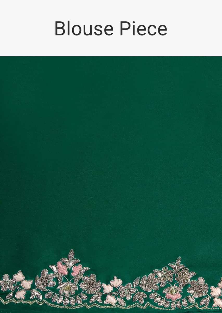Rama Green Saree In Satin With Multi Color Floral Embroidered Border Online - Kalki Fashion