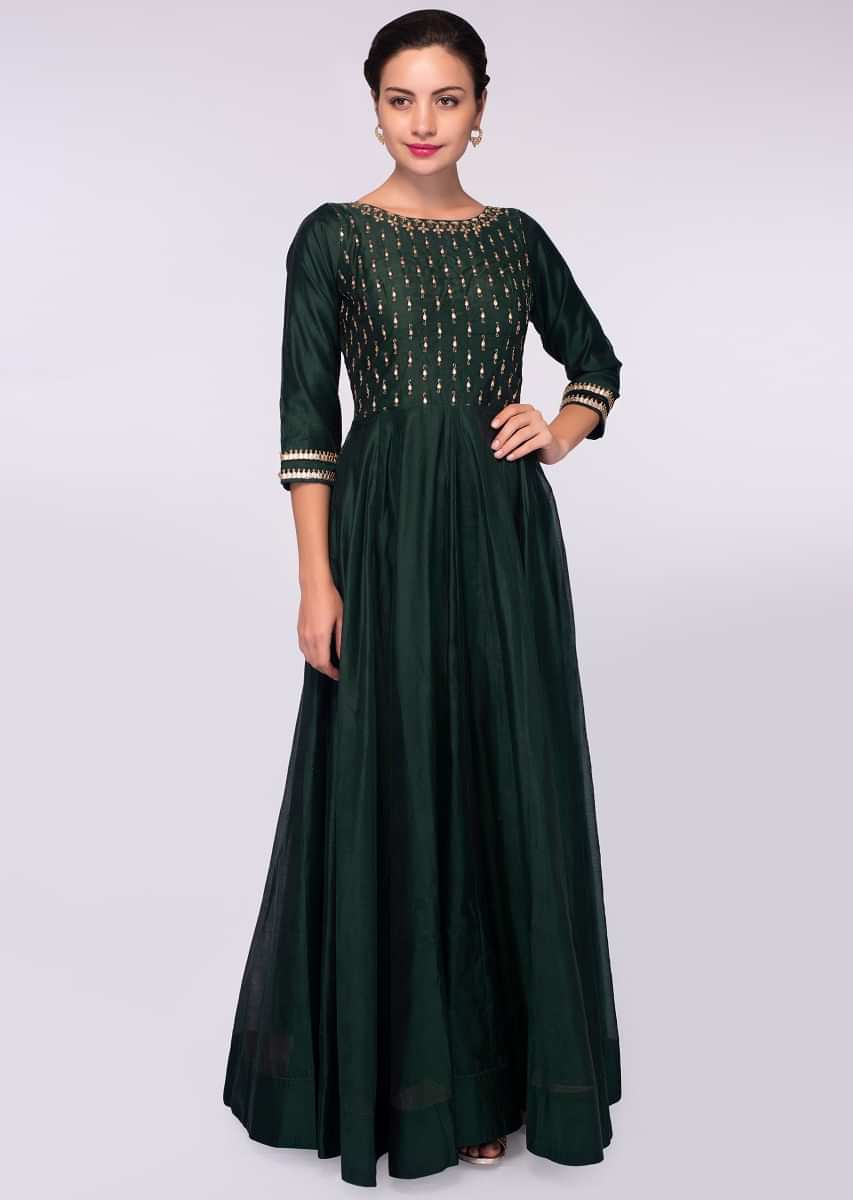 Rama green silk anarkali gown with embroidered bodice with peach cotton ...