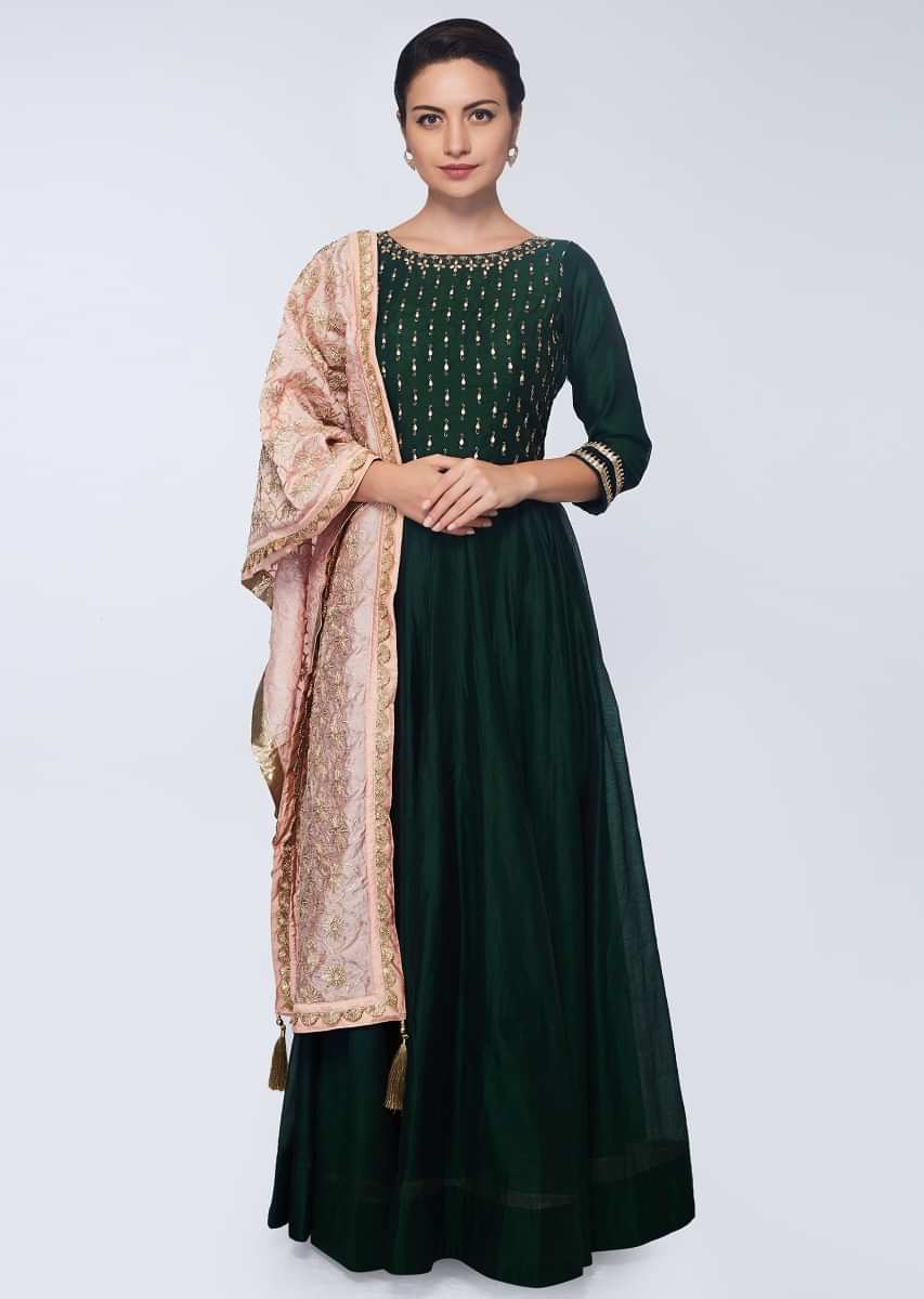 Rama green silk anarkali gown  with embroidered bodice with peach cotton dupatta in lace embroidery