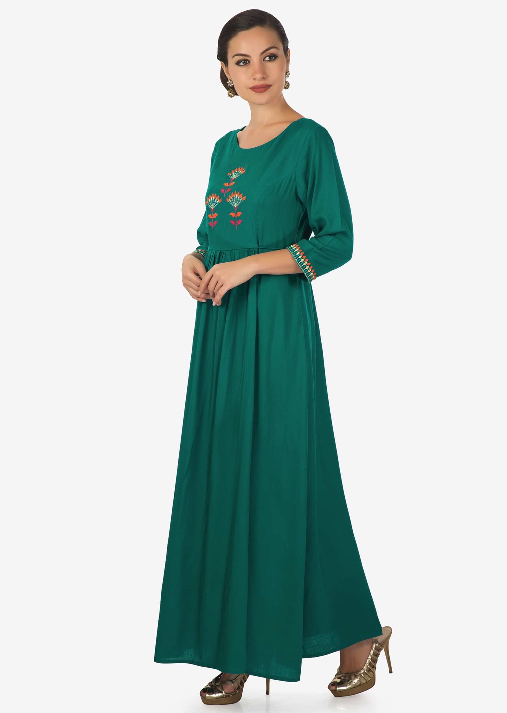 Rama green kurti in cotton with resham embroidered bodice and gathers only on Kalki