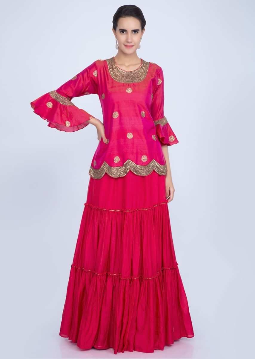 Rani Pink Long Blouse With Embroidery Work Teamed With Matching Lehenga And Crushed Dupatta Online - Kalki Fashion