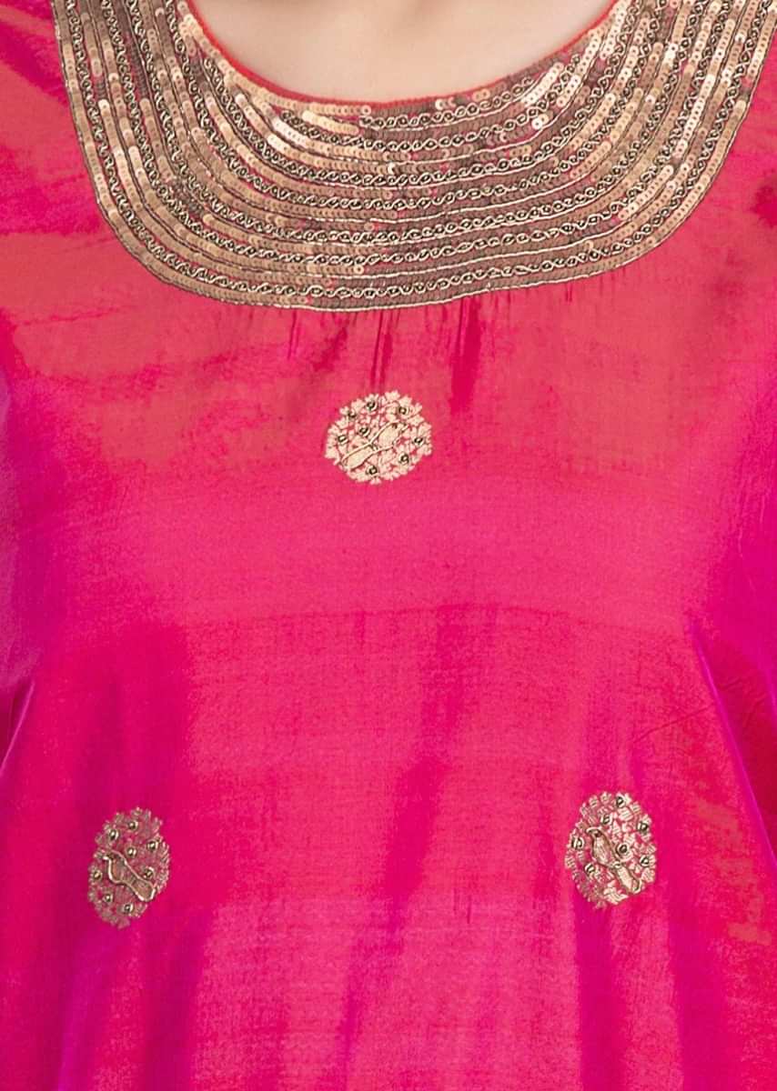 Rani Pink Long Blouse With Embroidery Work Teamed With Matching Lehenga And Crushed Dupatta Online - Kalki Fashion