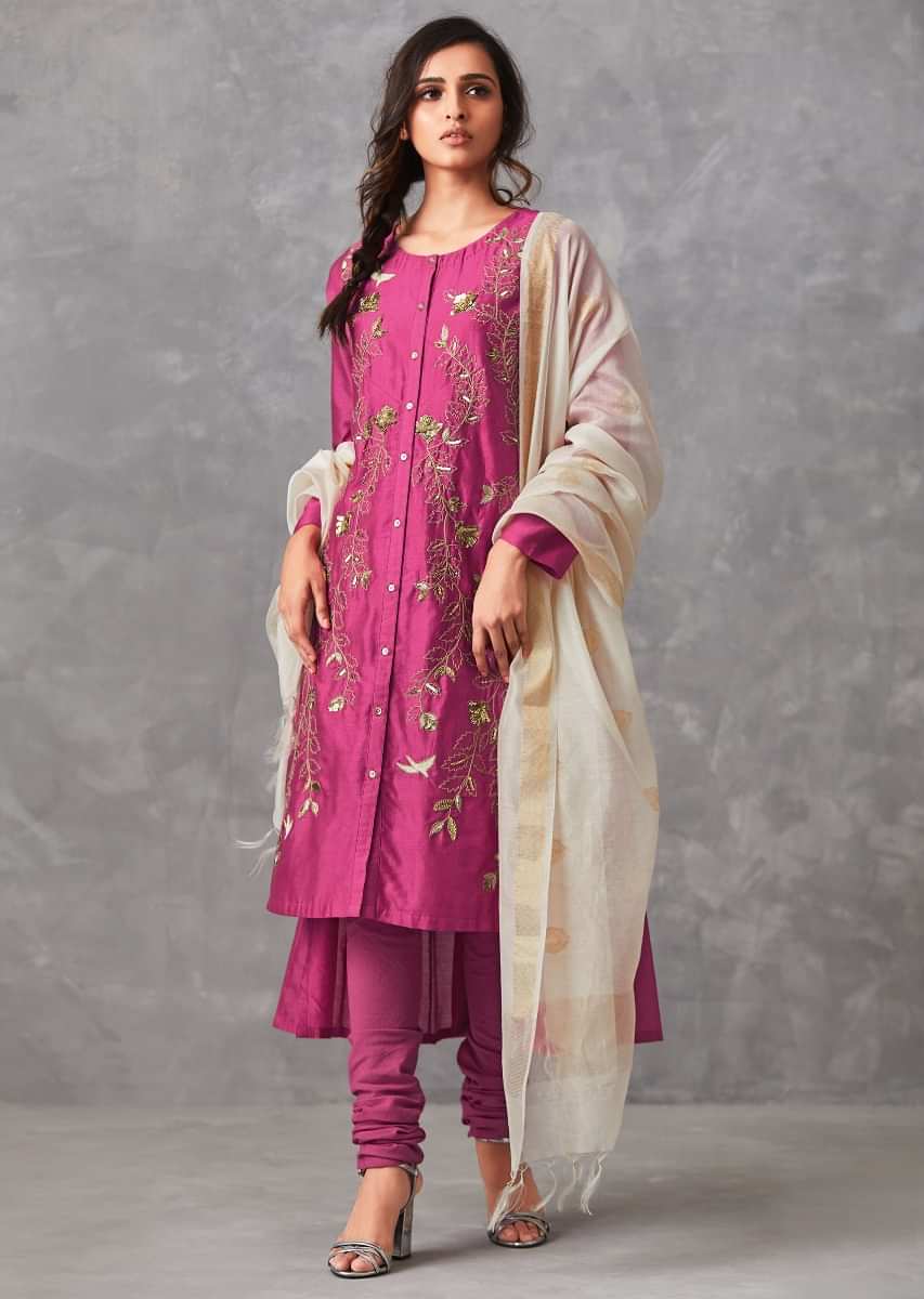 Rani Pink A Line Suit Adorned In Bird Motif Embroidery Along With Sequin Work Online - Kalki Fashion