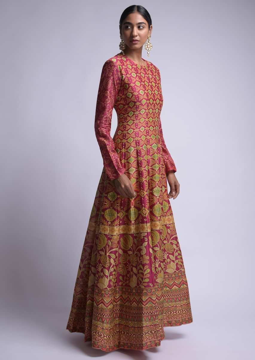 Buy Rani Pink Anarkali Dress In Cotton With Patola Print Online - Kalki ...
