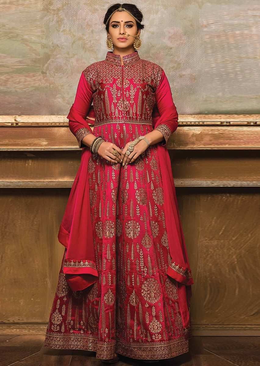 Rani pink anarkali suit embellished in zari and sequin embroidery all over