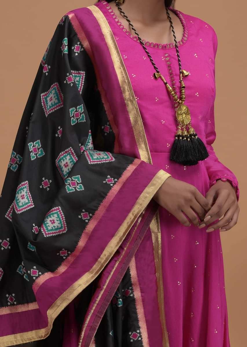 Rani Pink Anarkali Suit With Black Silk Dupatta  