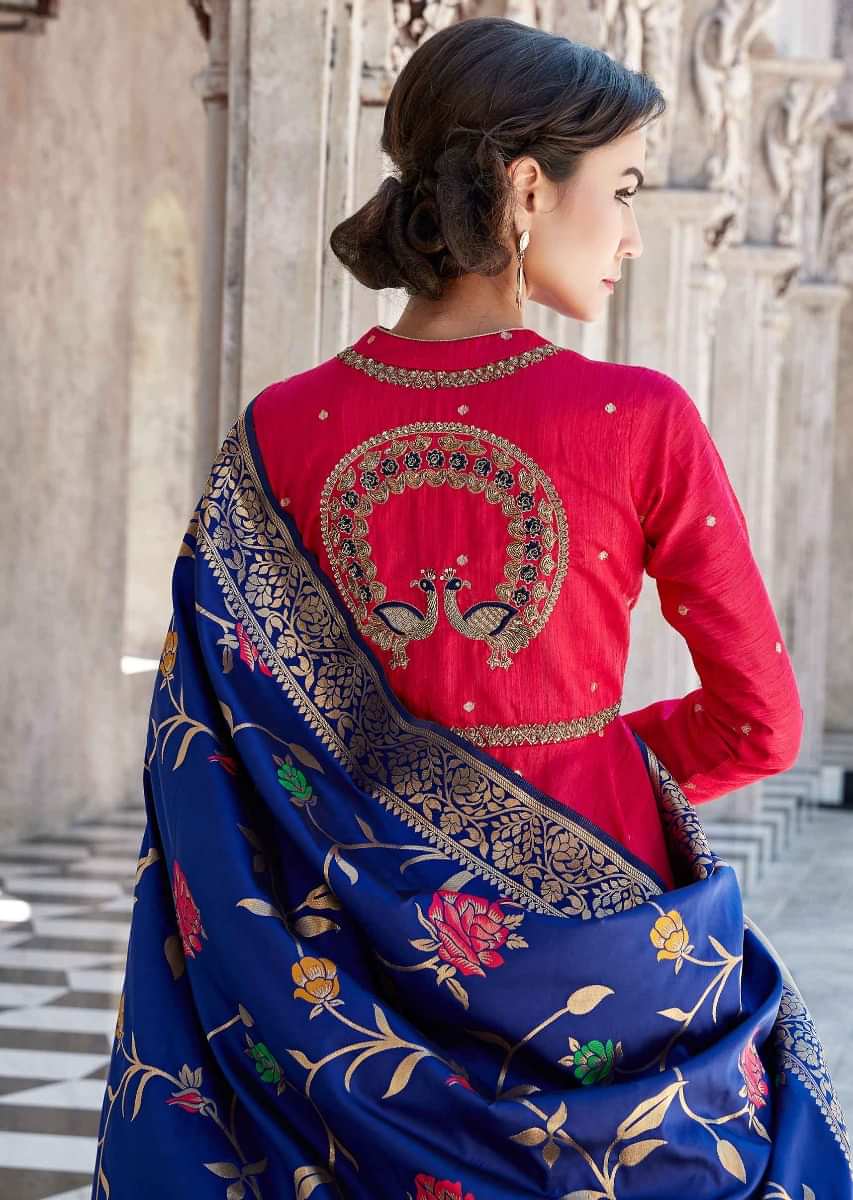 Rani Pink Anarkali Suit With Royal Blue Brocade Dupatta Online - Kalki Fashion