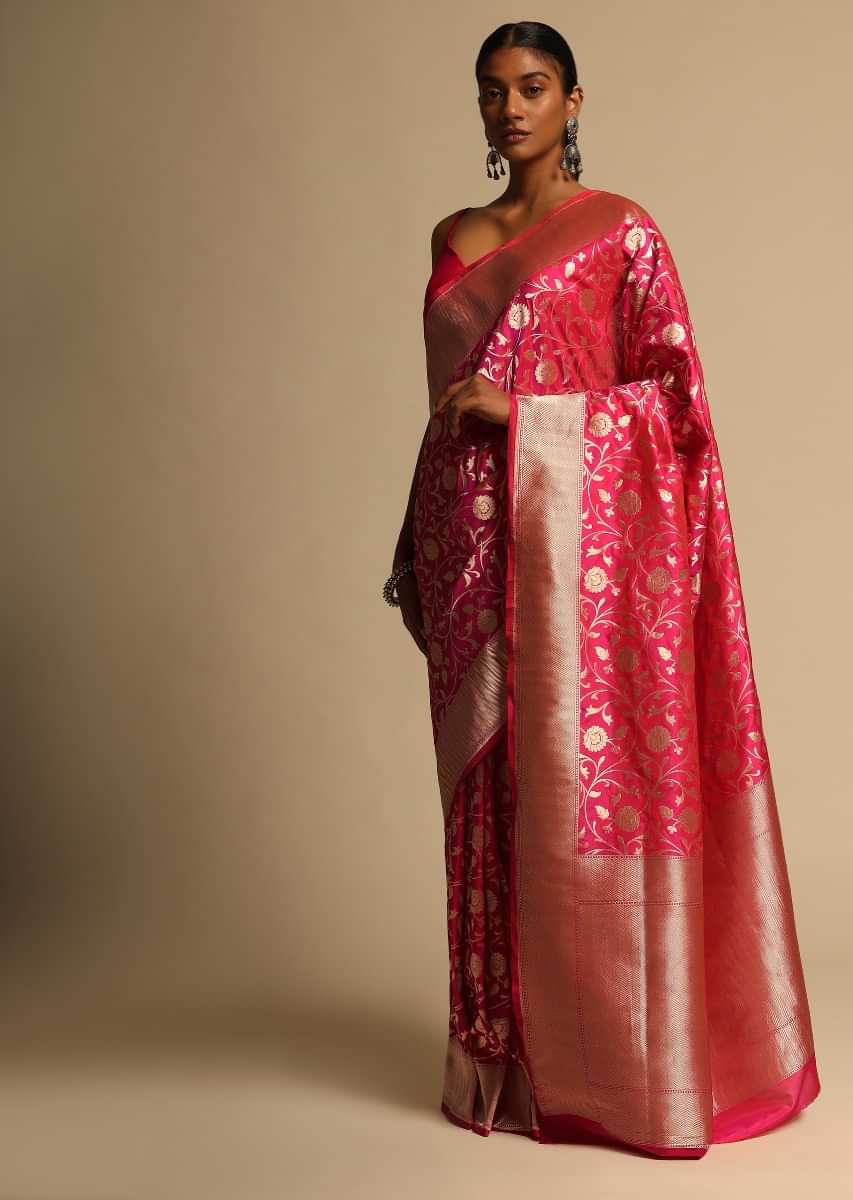 Buy Rani Pink Banarasi Saree In Pure Handloom Silk With Woven ...