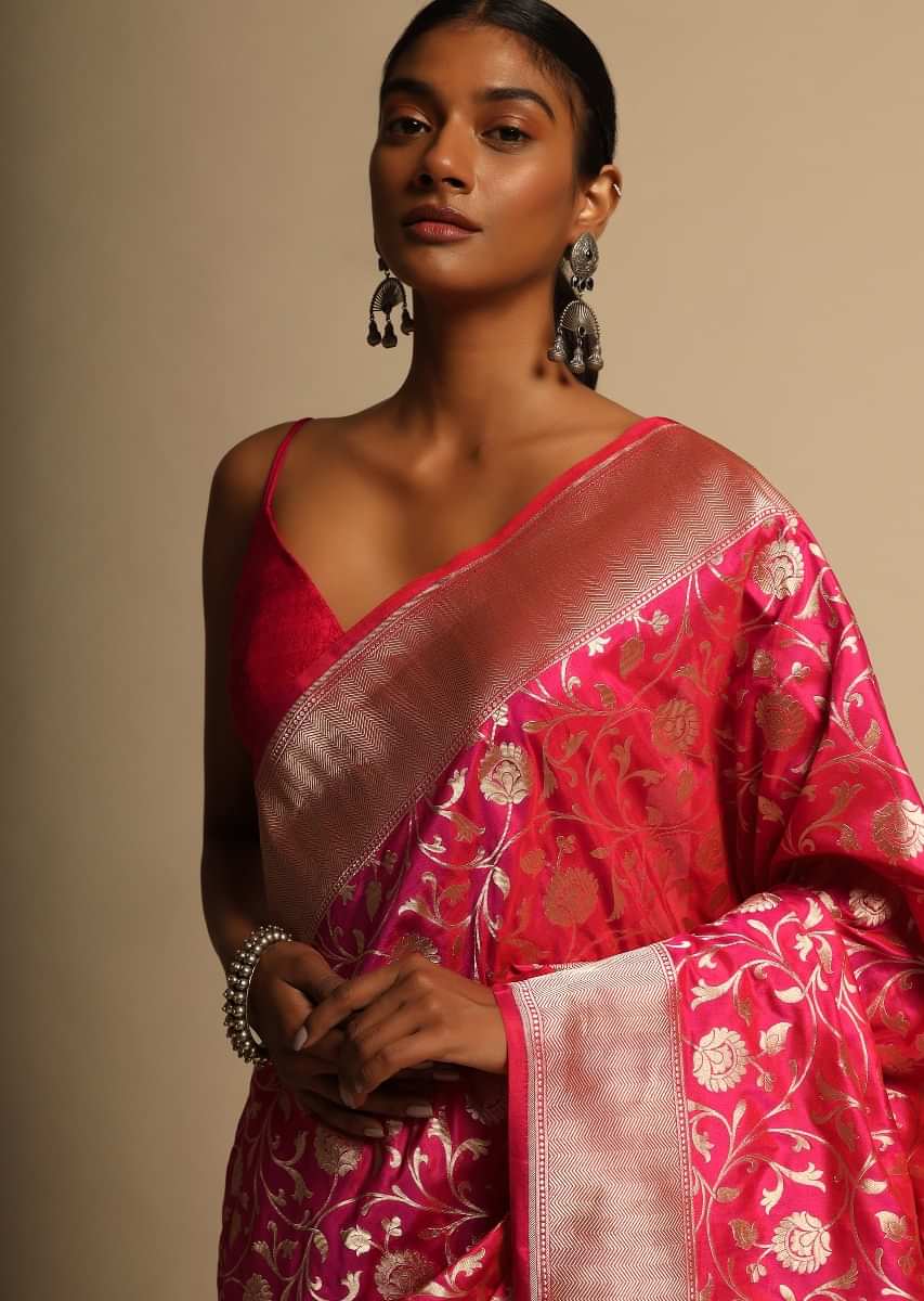 Rani Pink Banarasi Saree In Pure Handloom Silk With Woven Floral Jaal And Chevron Border Along With Unstitched Blouse Piece