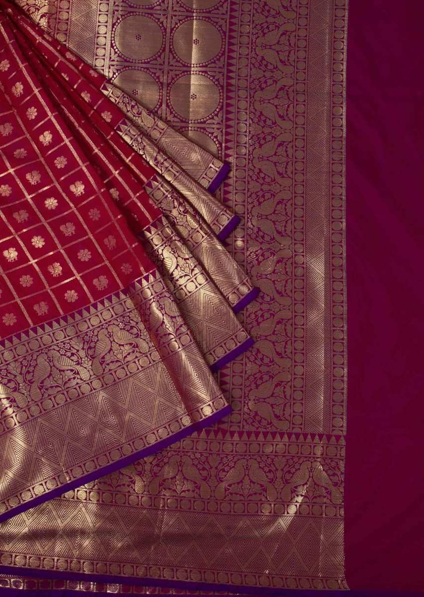 Rani pink banarasi silk saree in floral and geometric motif 