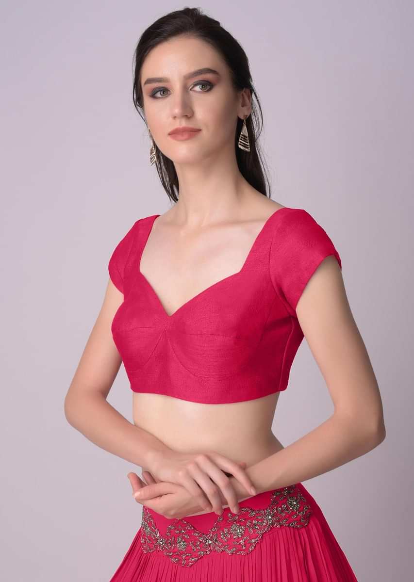 KALKI FASHION Stitched : Buy KALKI FASHION Pink Velvet Blouse in Cap  Sleeves with a Sweetheart Neckline Online