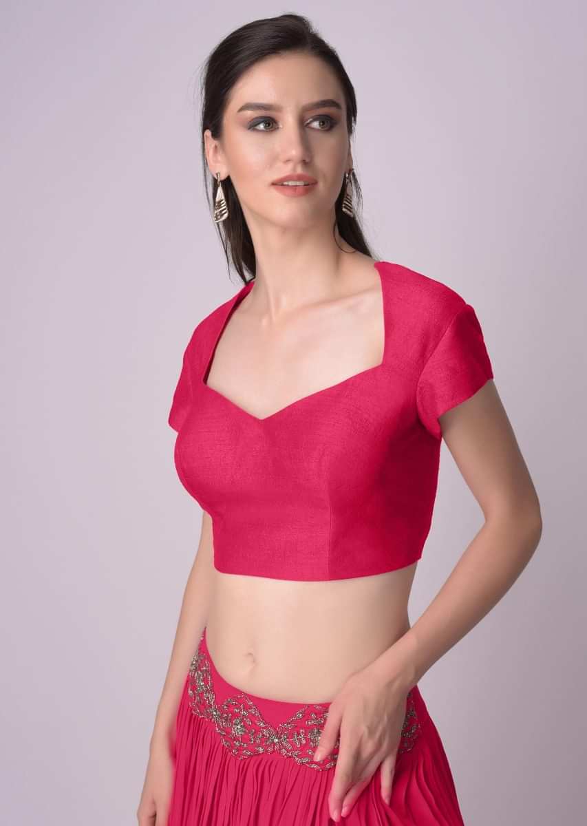 Rani Pink Blouse With Deep Sweet Heart Neck And Cap Sleeves