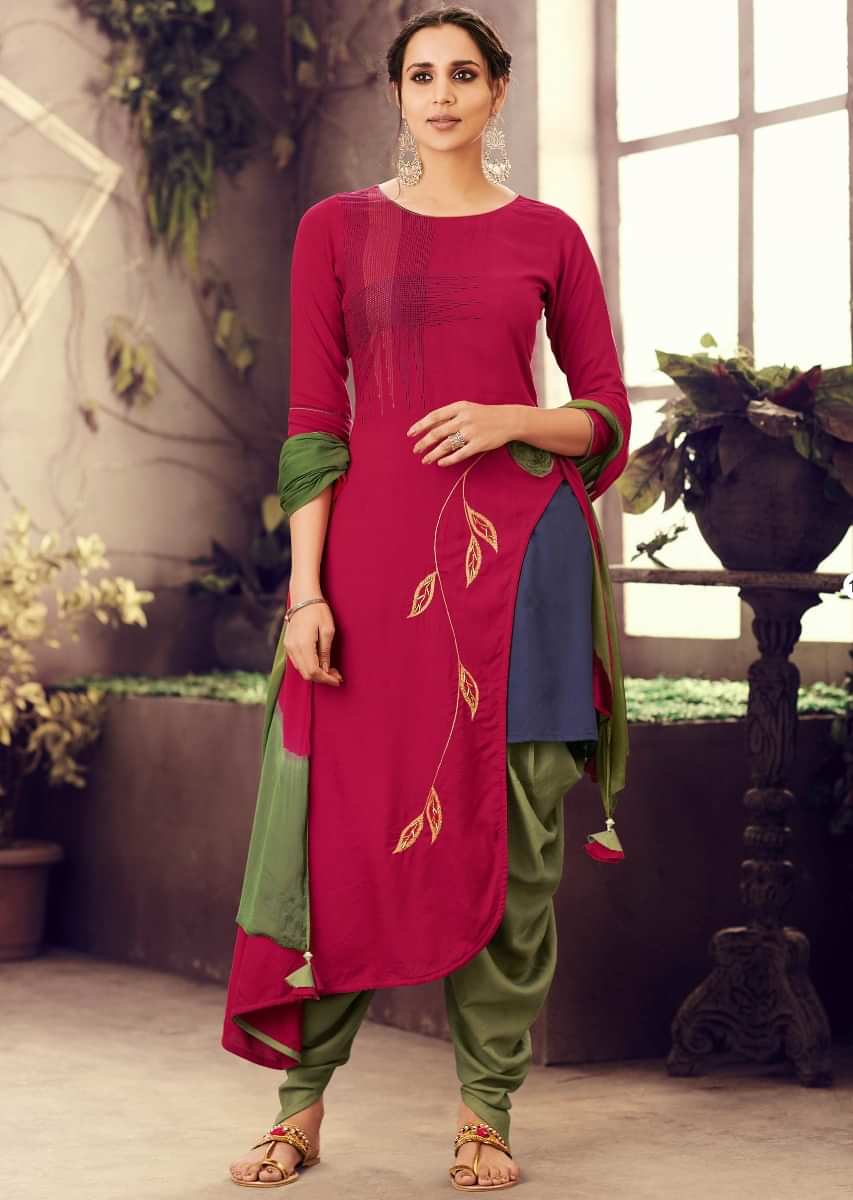 Rani pink double layer straight suit with dhoti pants and shaded dupatta