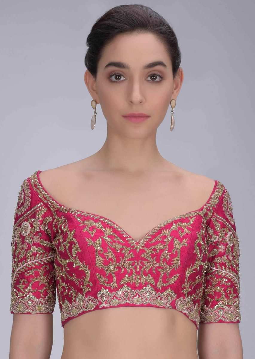 Buy Rani Pink Blouse In Embellished Raw Silk Online - Kalki Fashion