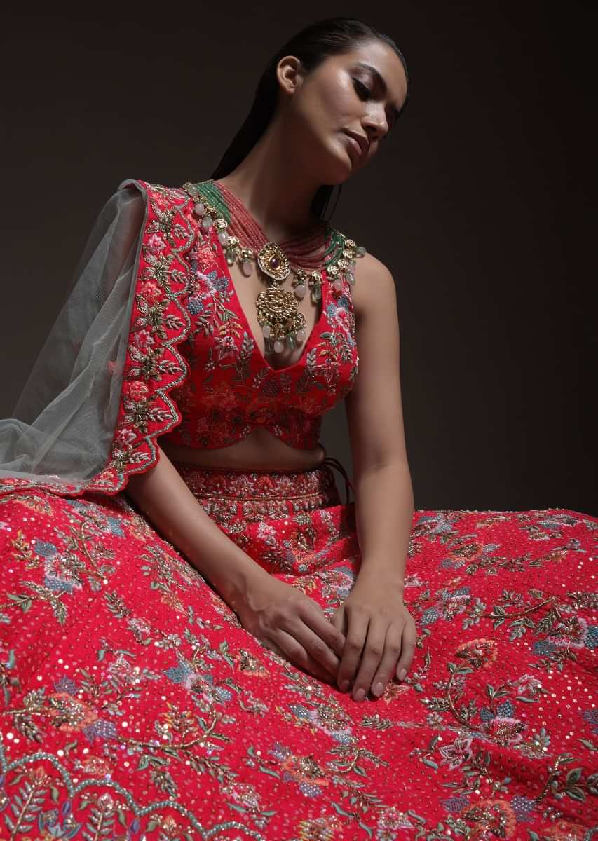 Carmine Red Heavy Embroidered Lehenga With Resham Embroidered Floral Vines And Heritage Border 