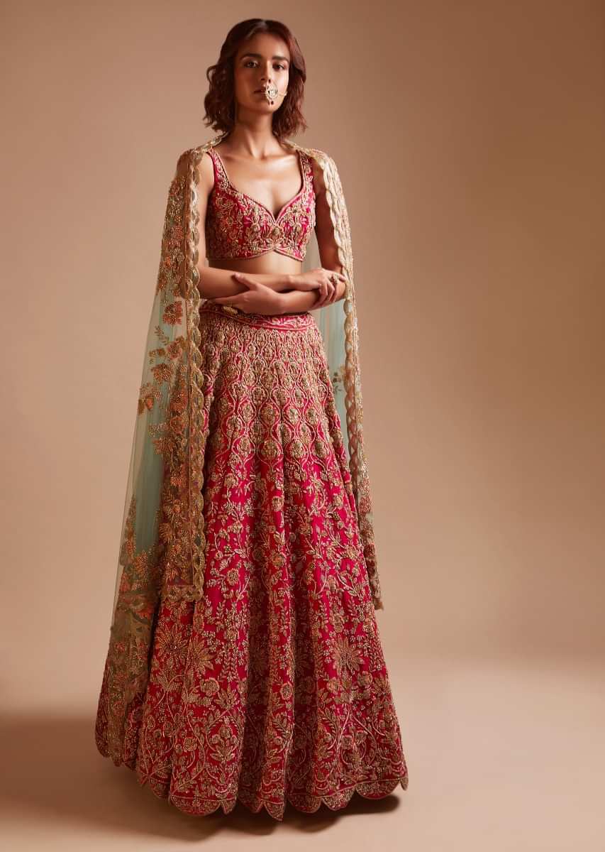 Rani Pink Lehenga And Sweetheart Cut Choli In Raw Silk Hand Embroidered With Zardosi And Sequins Work In Moroccan And Floral Jaal Design 