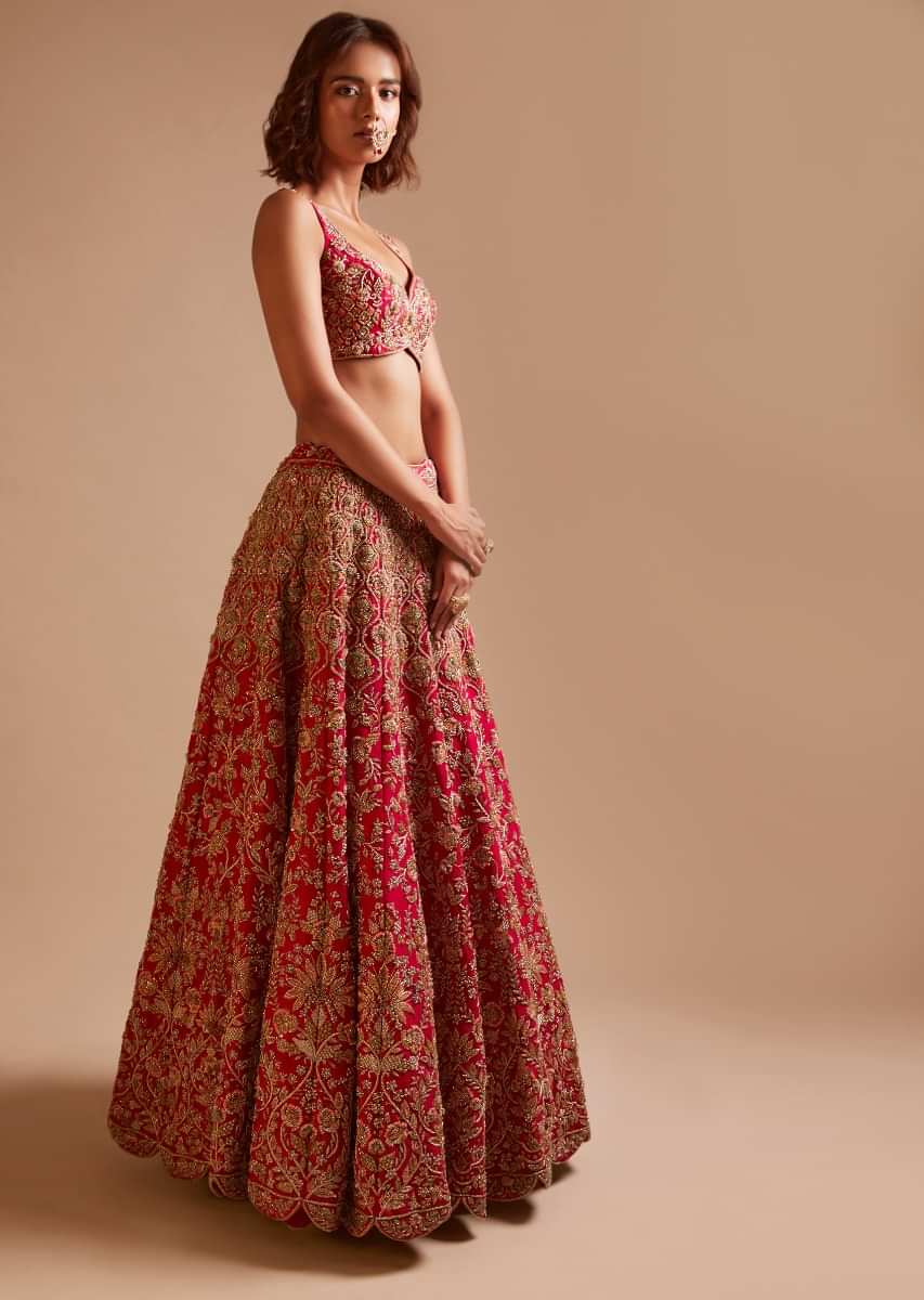 Rani Pink Lehenga And Sweetheart Cut Choli In Raw Silk Hand Embroidered With Zardosi And Sequins Work In Moroccan And Floral Jaal Design 