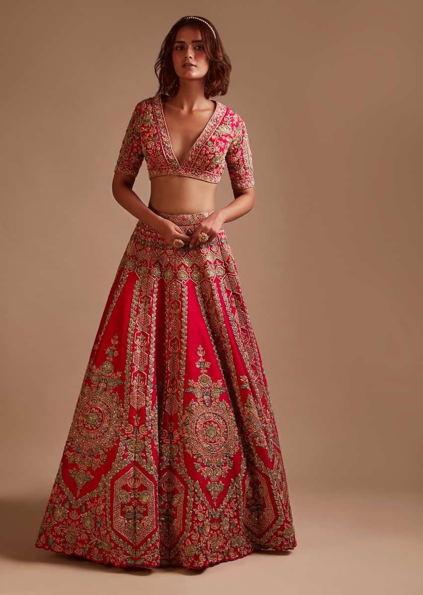 Rani Pink Lehenga Choli In Raw Silk With Hand Embroidered Heritage Floral Kalis Using Colorful Sequins And Beads 