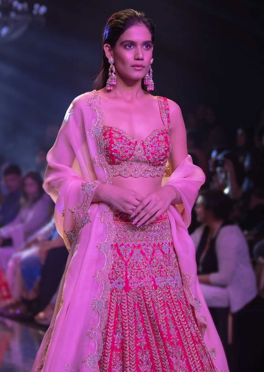 Fuschia Rose Lehenga Choli With Heavy Embossed Floral Embroidery In Kali Pattern 