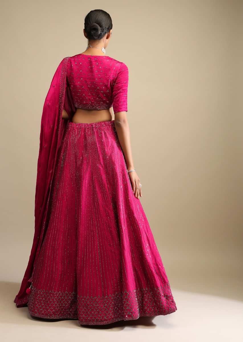 Rani Pink Lehenga In Satin Blend Embellished With Kundan Work In Striped Design 